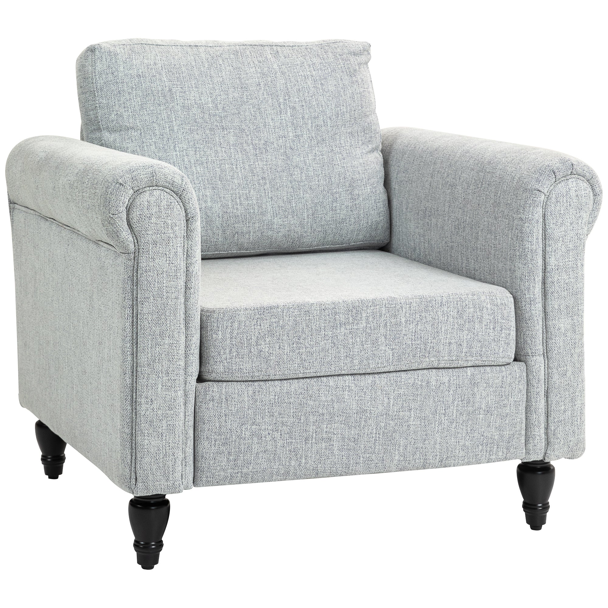 HOMCOM Vintage Accent Chair, Upholstered Occasional Chair with Back Pillow, Rolled Arms, Rubber Wood Legs, Light Grey - North Peak Garden Furniture