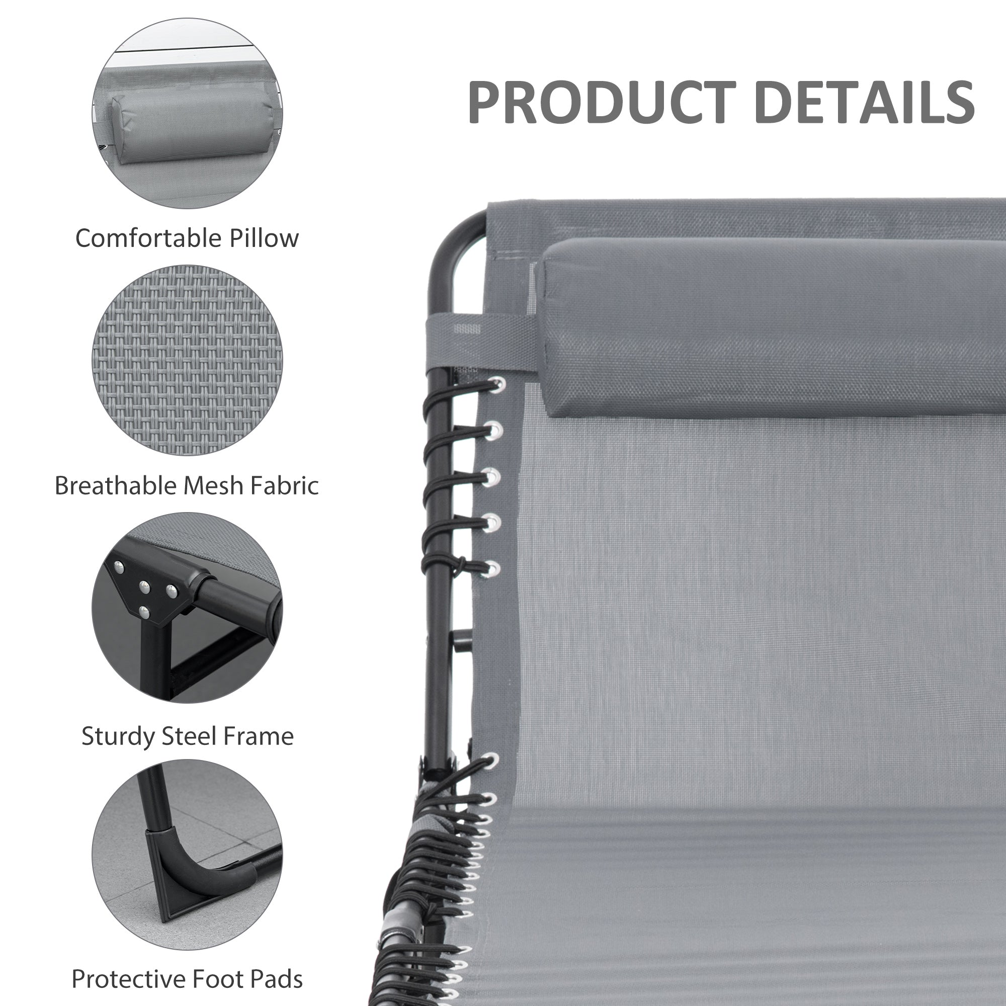 Outsunny Portable Sun Lounger, Folding Camping Bed Cot, Reclining Lounge Chair 5-position Adjustable Backrest with Side Pocket, Pillow for Patio Garden Beach Pool, Grey - North Peak Garden Furniture