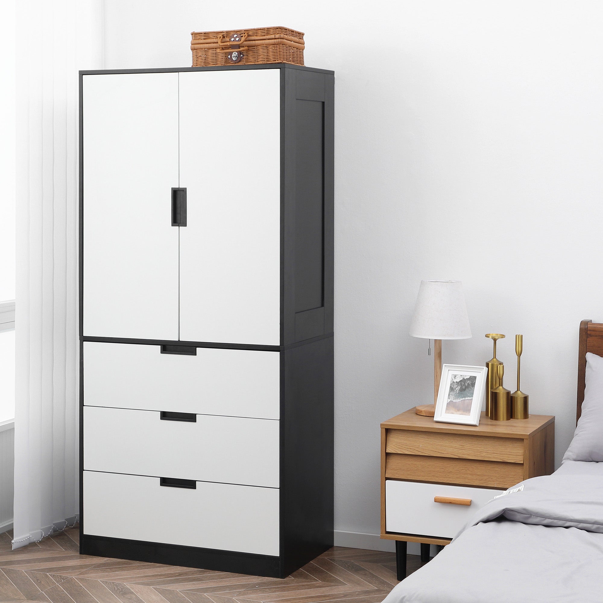 HOMCOM 2 Door Wardrobe, Modern Wardrobe with 3 Drawers and Hanging Rod for Bedroom, Black - North Peak Garden Furniture