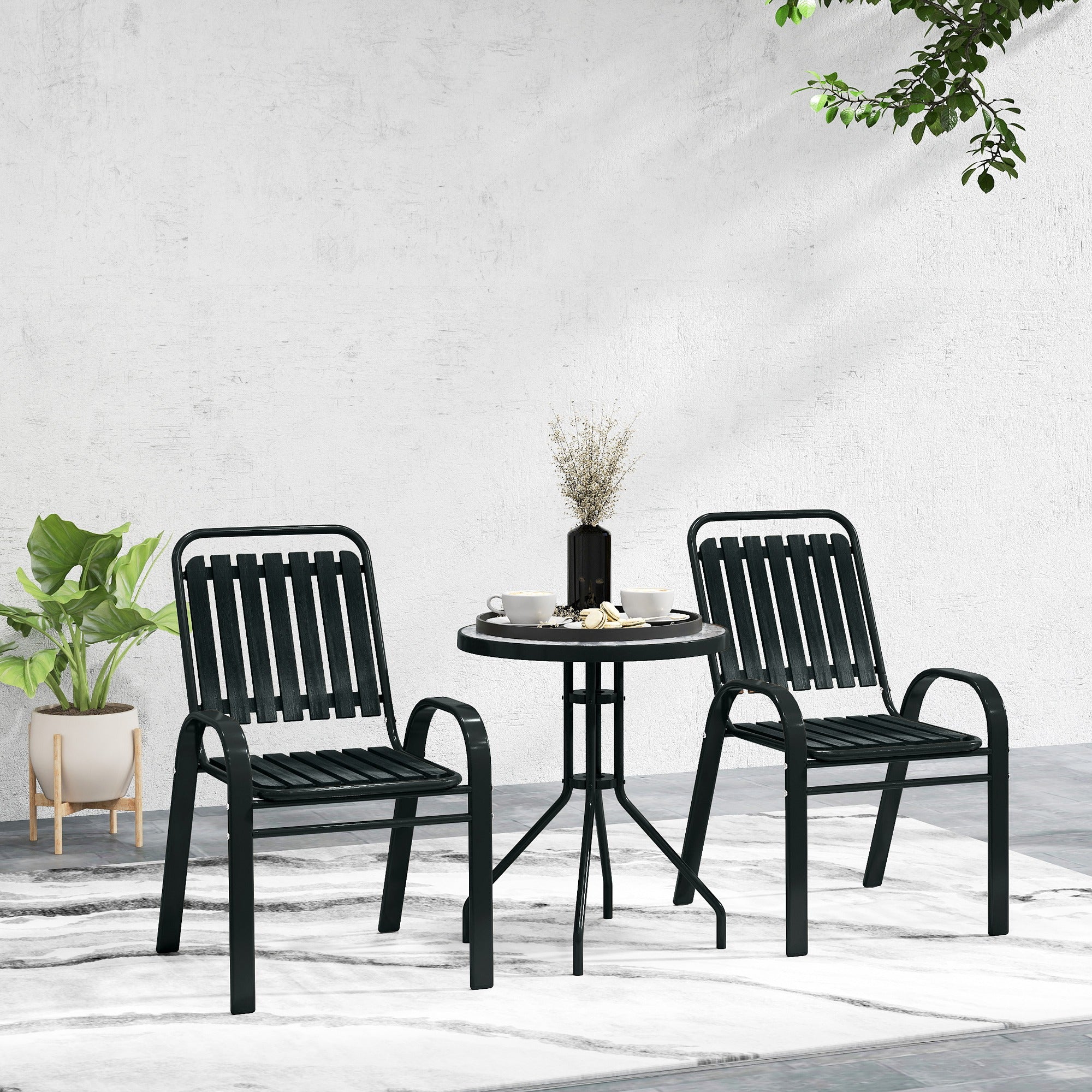 Outsunny 3 Pieces Patio Bistro Set with Stackable Chairs, Tempered Glass Table, for Outdoor, Balcony, Patio, Garden Charcoal Grey - North Peak Garden Furniture