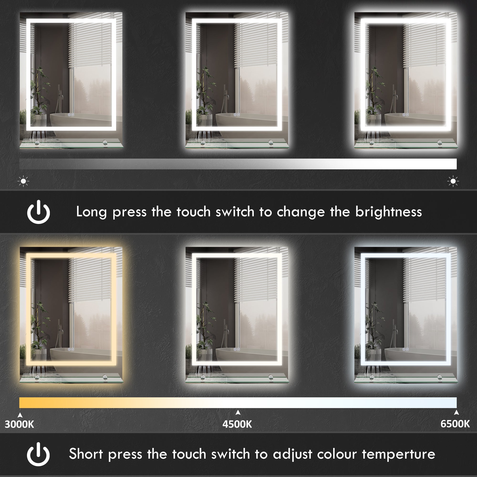 kleankin LED Bathroom Mirror with Lights and Shelf, Illuminated Makeup Mirror, Vanity Mirror with 3 Colour, Smart Touch, Anti-Fog - North Peak Garden Furniture
