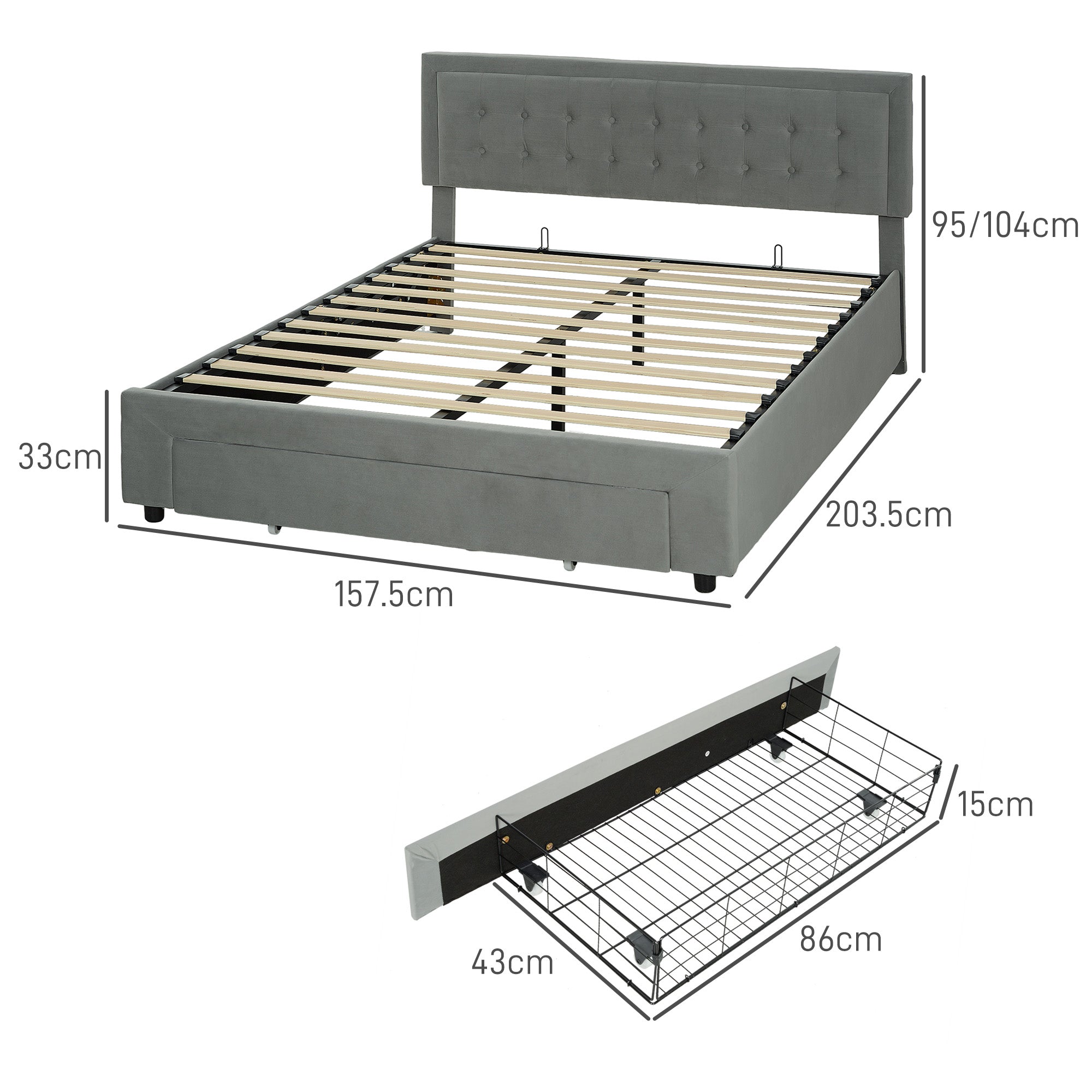 HOMCOM King Size Ottoman Bed Frame, with Front Drawer - Grey - North Peak Garden Furniture