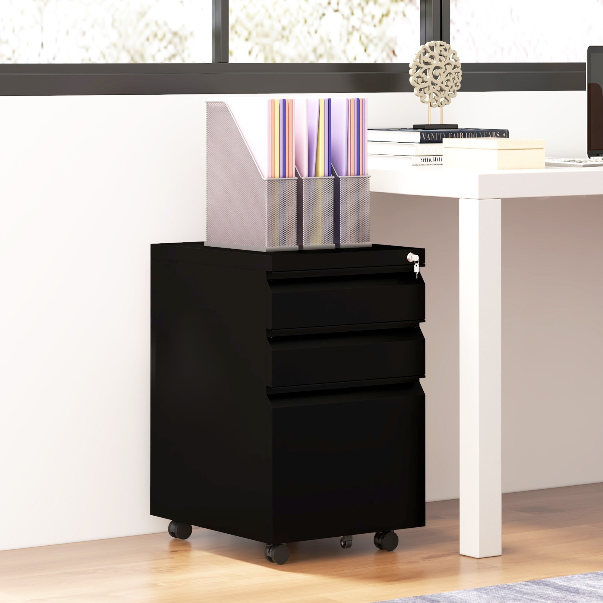 Vinsetto 3-Drawer Mobile Filing Cabinet with Pencil Tray, Steel Lockable File Cabinet for Letter, A4 and Legal Size, Pre-Assembled Body, Black - North Peak Garden Furniture