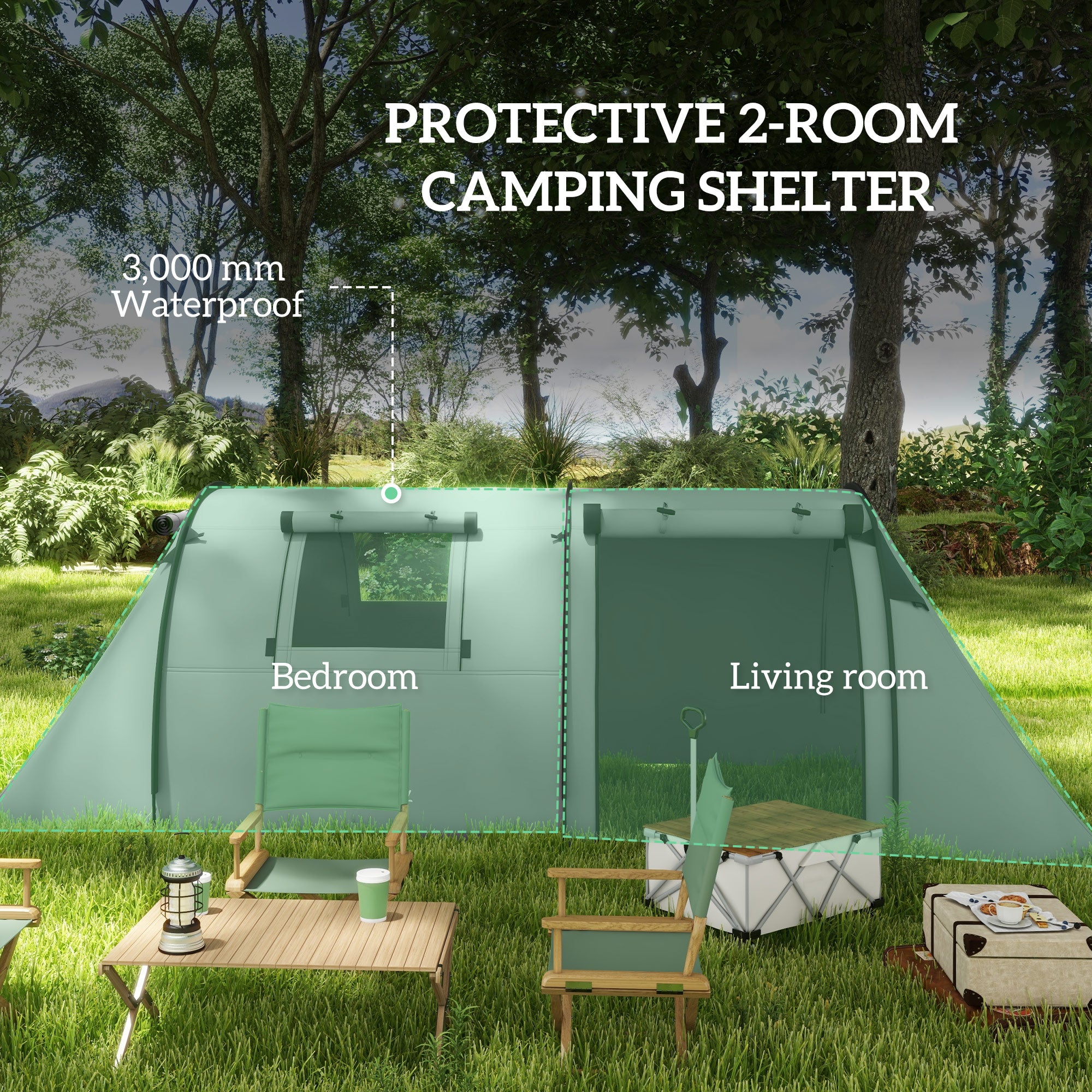 Outsunny Four Man Duo Room Tunnel Tent, with Accessories - Grey - North Peak Garden Furniture