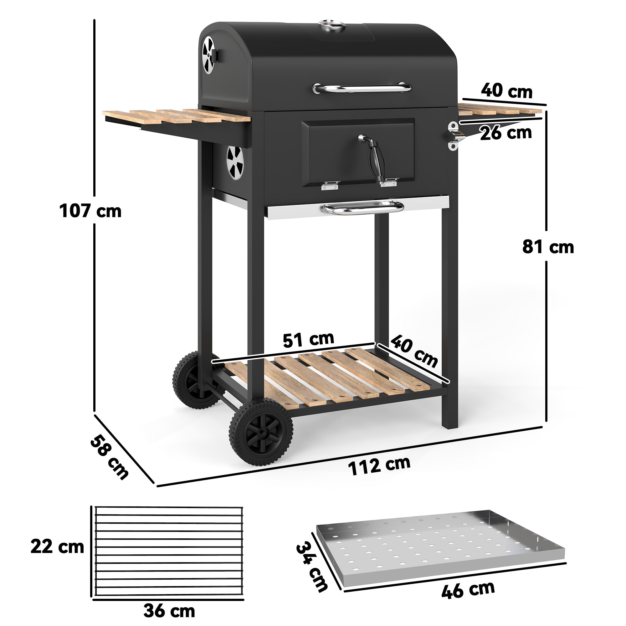 Outsunny Charcoal BBQ Grill with Height Adjustable Charcoal Pan, Portable Barbecue Smoker with Warming Rack, 3 Shelves, Temperature Gauge, Wheels, Bottle Opener for Outdoor Cooking Garden Party - North Peak Garden Furniture