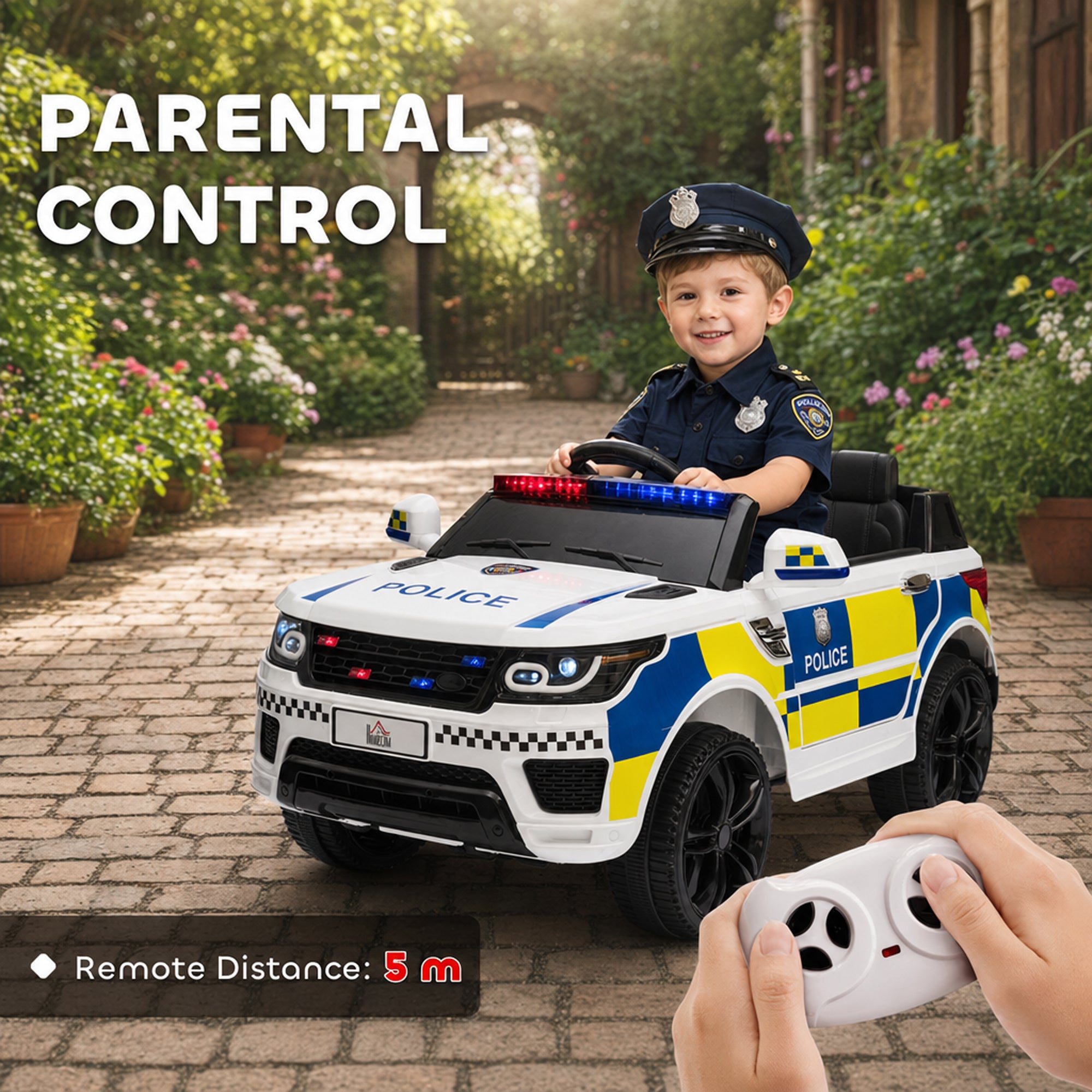 HOMCOM 12V Kids Electric Ride On Police Car 2 Motors with Parental Remote Control Siren Flashing Lights USB Portable for 3-6 Years White