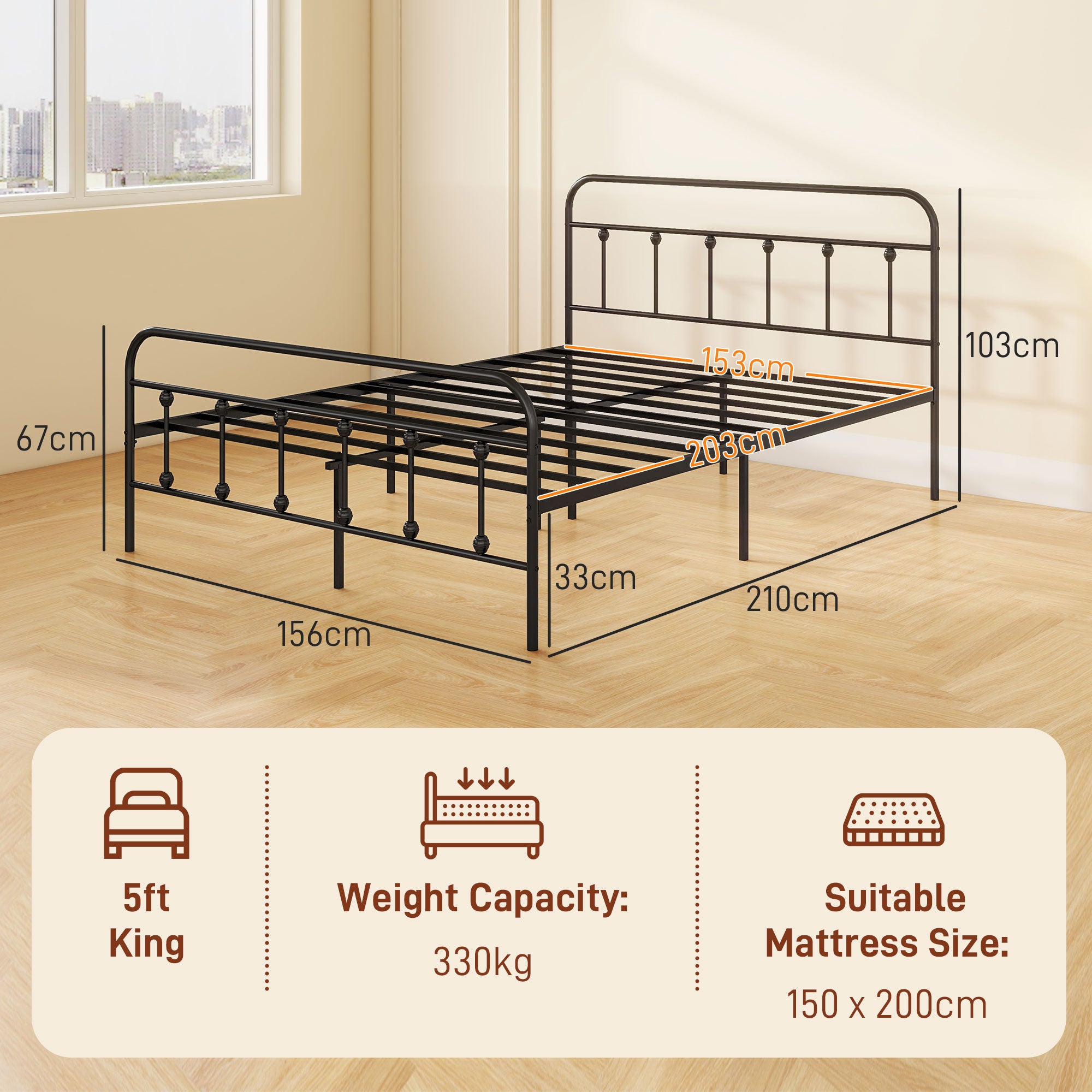 HOMCOM King Size Minimalistic Metal Bed Frame - Black - North Peak Garden Furniture