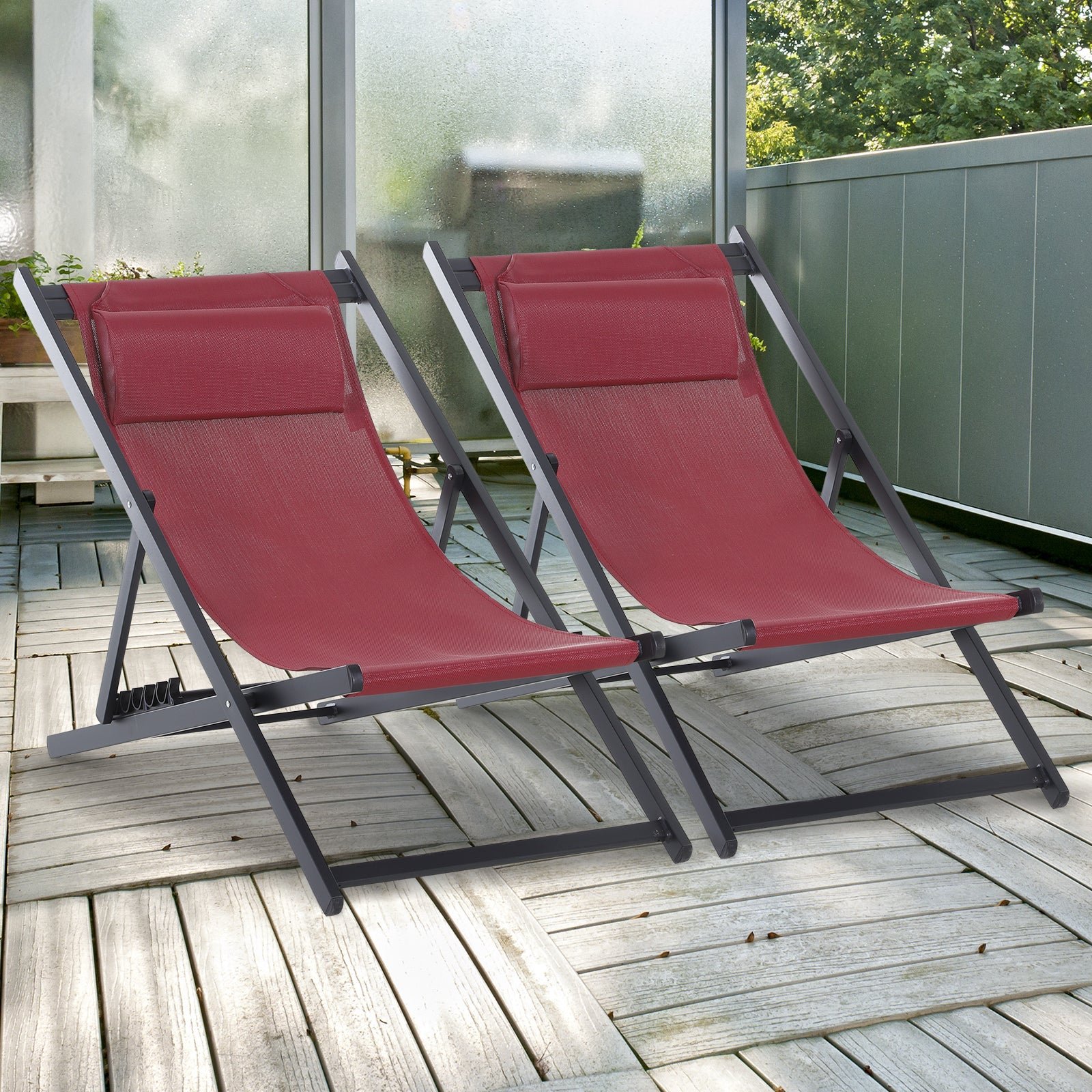 Outsunny Set of 2 Folding Garden Beach Aluminium Frame Deck Chairs Deckchairs Seaside Folding Garden Patio Lounger, Red