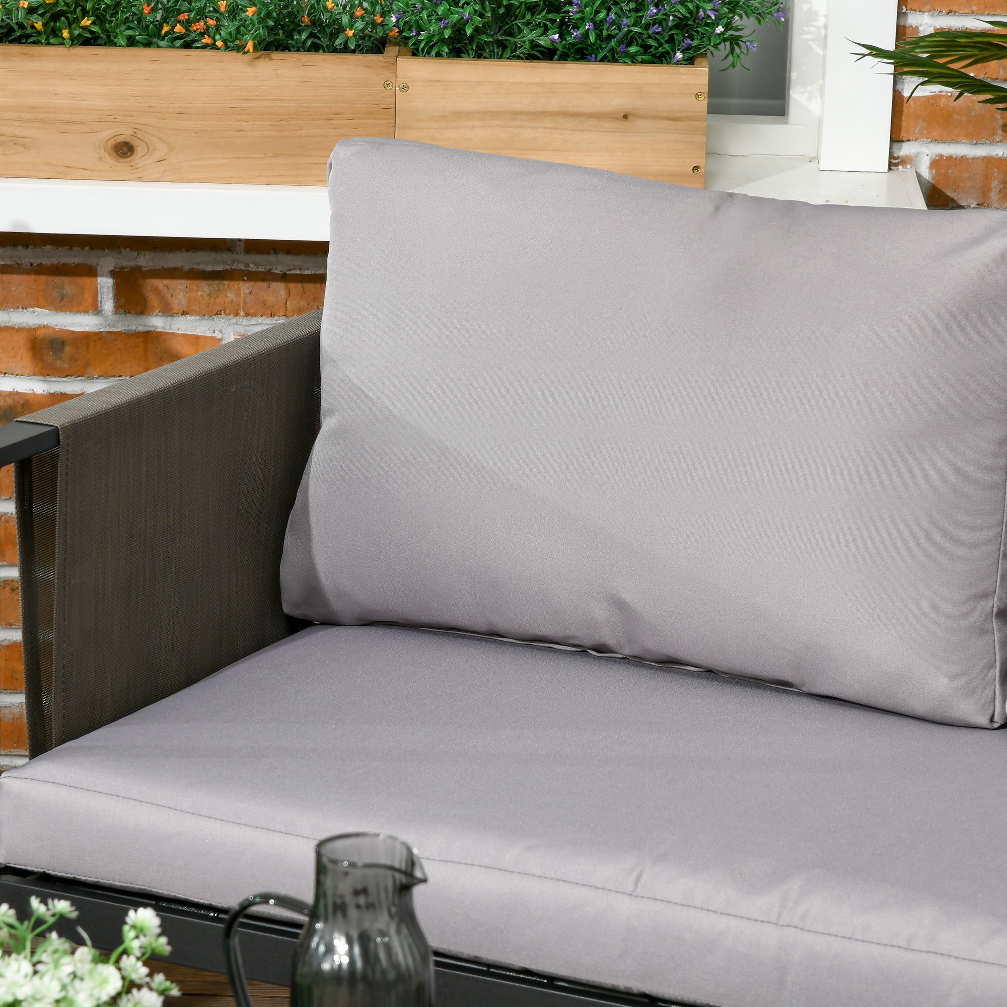 Outsunny 4 Piece Metal Garden Furniture Set with Tempered Glass Coffee Table, Texteline Pocket, Outdoor Patio Set Loveseat Single Armchairs with Padded Cushions, Light Grey - North Peak Garden Furniture