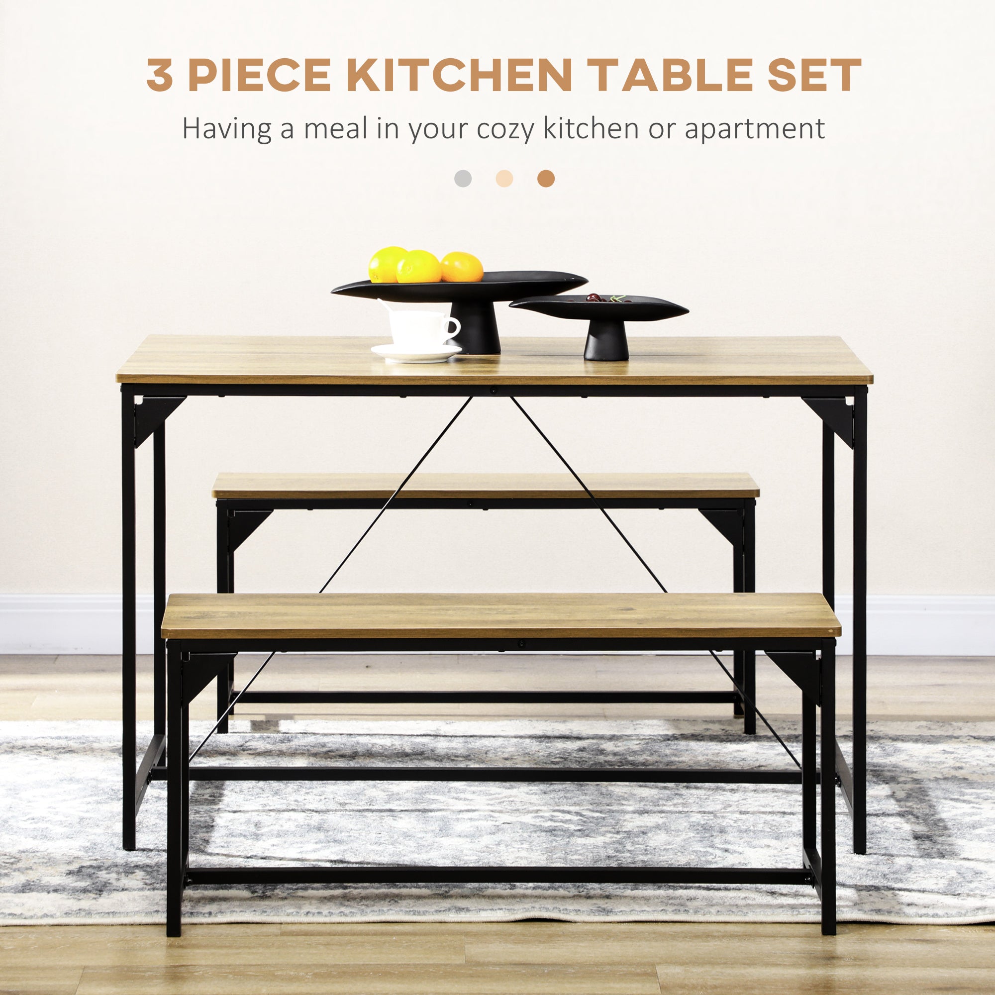 HOMCOM Dining Table and Bench Set for 4, Kitchen Table with 2 Benches, Space Saving Dining Room Sets, Natural - North Peak Garden Furniture