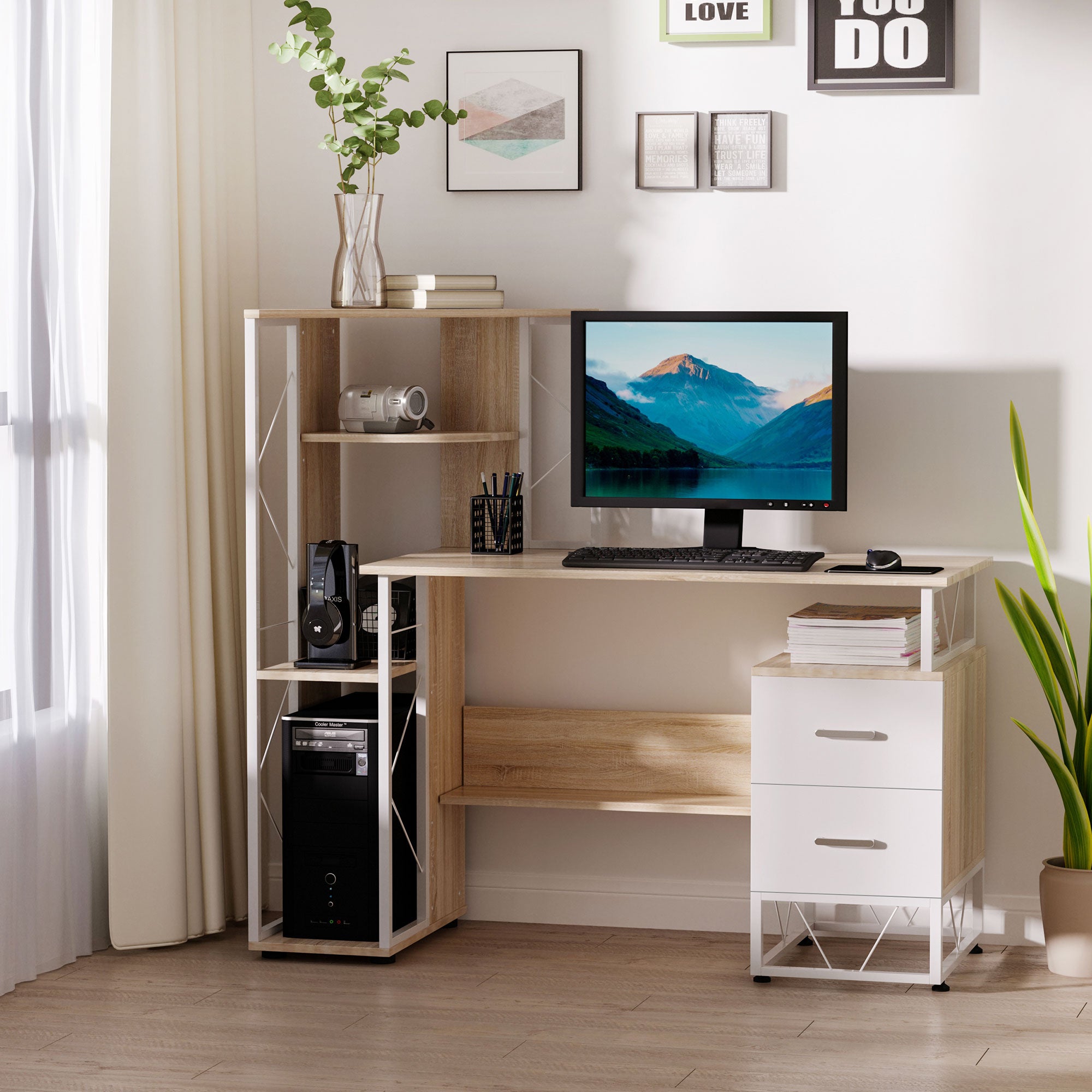HOMCOM Computer Desk with Drawers and Bookshelf, Writing Desk for Home Office with Storage Shelves, Study Workstation, Oak - North Peak Garden Furniture