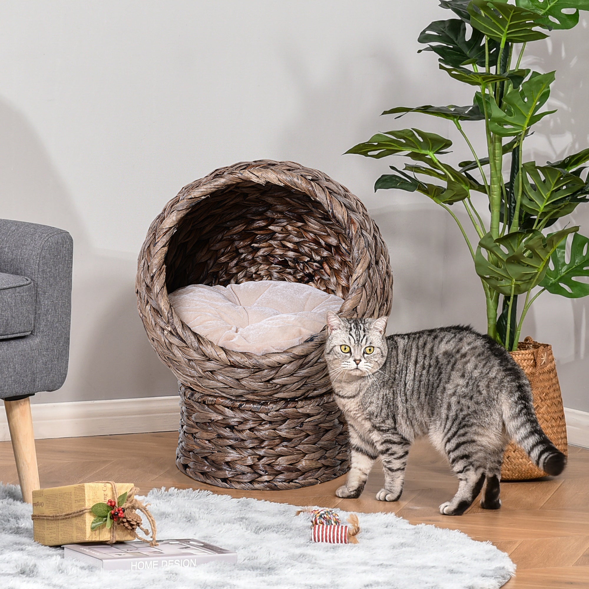 PawHut Wicker Cat Bed, Raised Rattan Cat Basket with Cylindrical Base, Soft Washable Cushion, 42 x 33 x 52cm - Brown - North Peak Garden Furniture