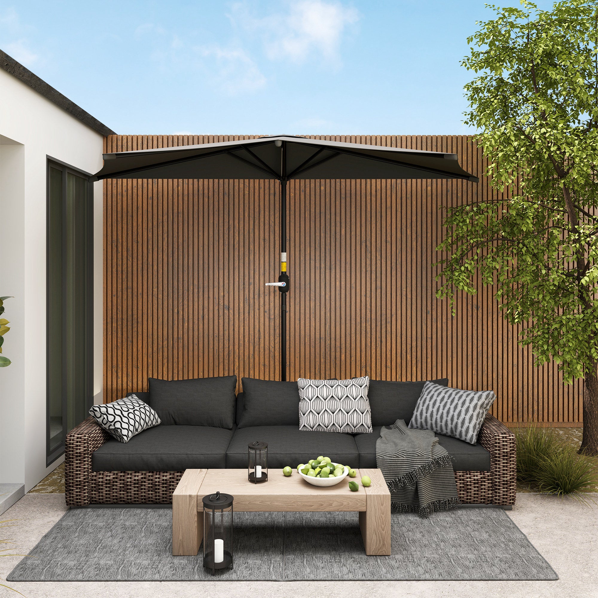 Outsunny 3(m) Half Parasol, Semi Round Umbrella with Metal Frame, Crank Handle for Balcony, Garden, Dark Grey - North Peak Garden Furniture