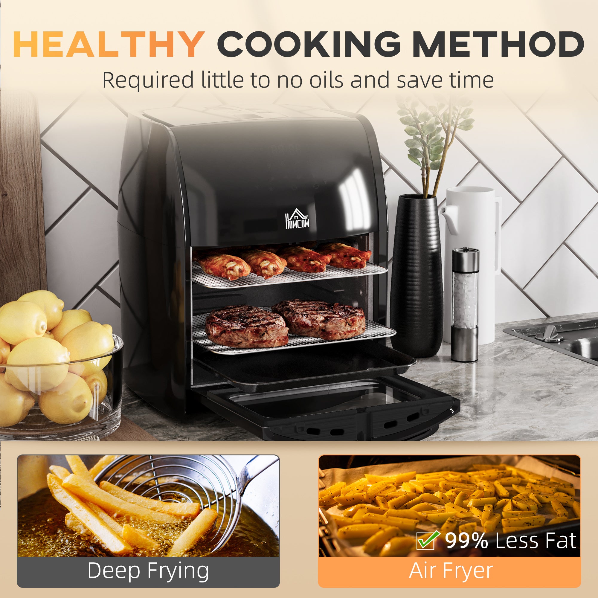 HOMCOM 12L 8 in 1 Digital Air Fryer Oven with Roast, Bake, Dehydrate, 8 Preset Modes, Rapid Air Circulation, Timer, Inner Light, Memory Function, 1800W, Dish Wash Accessory, Black - North Peak Garden Furniture