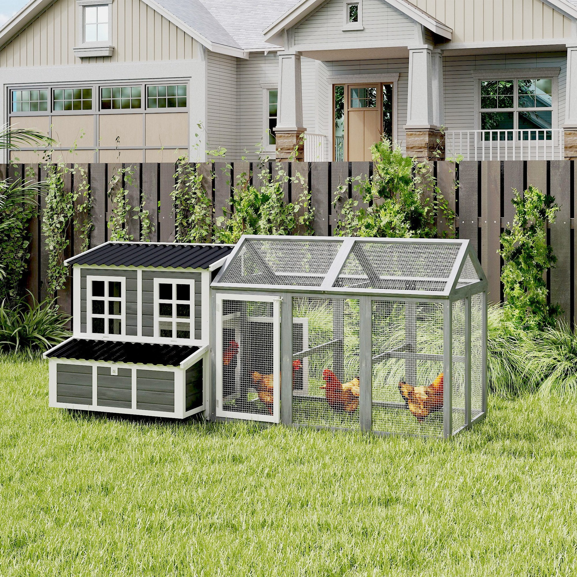 PawHut 2-Piece Wooden Chicken Coop and Run Set, Poultry Run Cage with Nesting Box, Slide-Out Tray, Roof, Perch - North Peak Garden Furniture