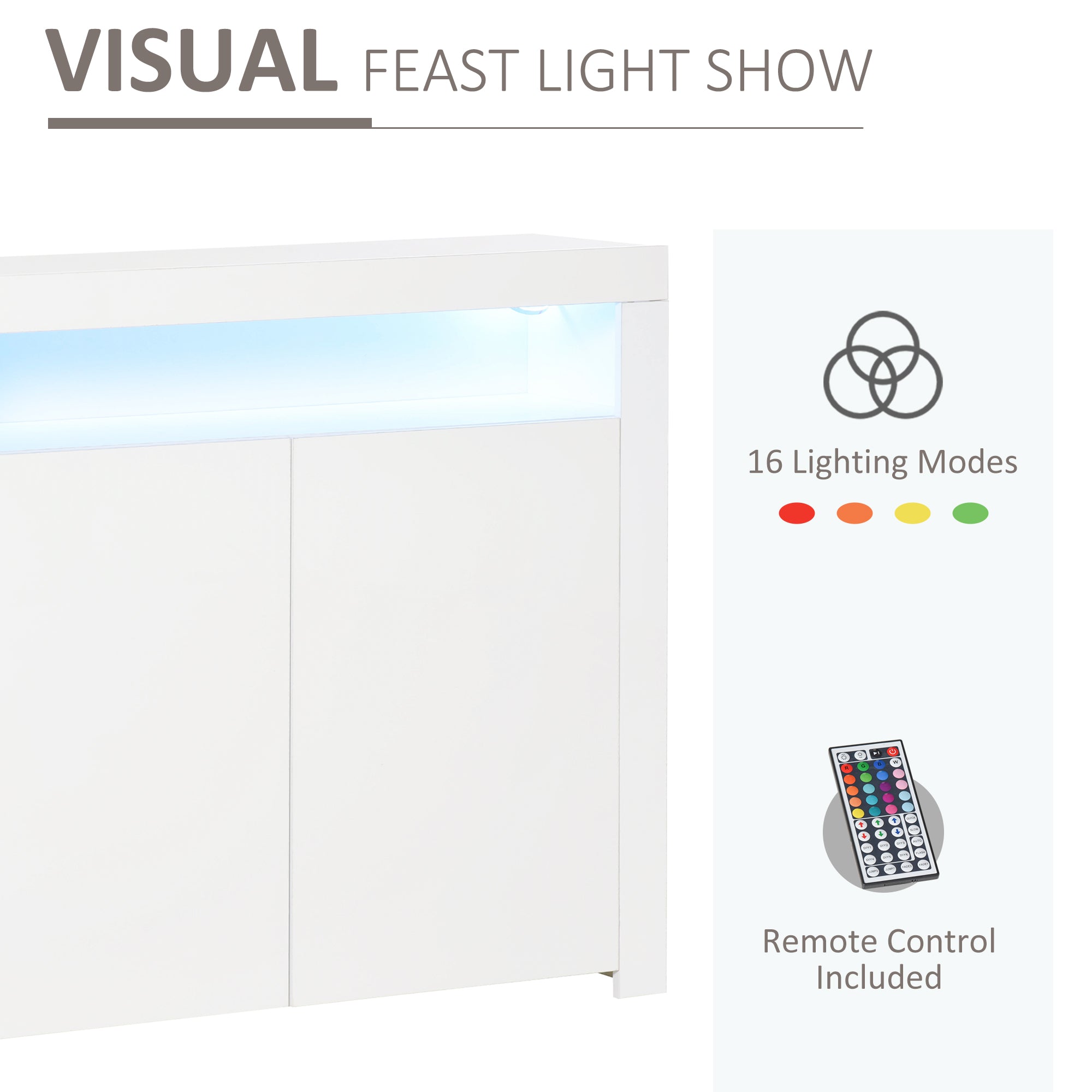 HOMCOM LED Storage Cabinet, Cupboard with High Gloss Front and RGB Lighting, Modern Sideboard for Entryway, Dining Area, Living Room, White - North Peak Garden Furniture