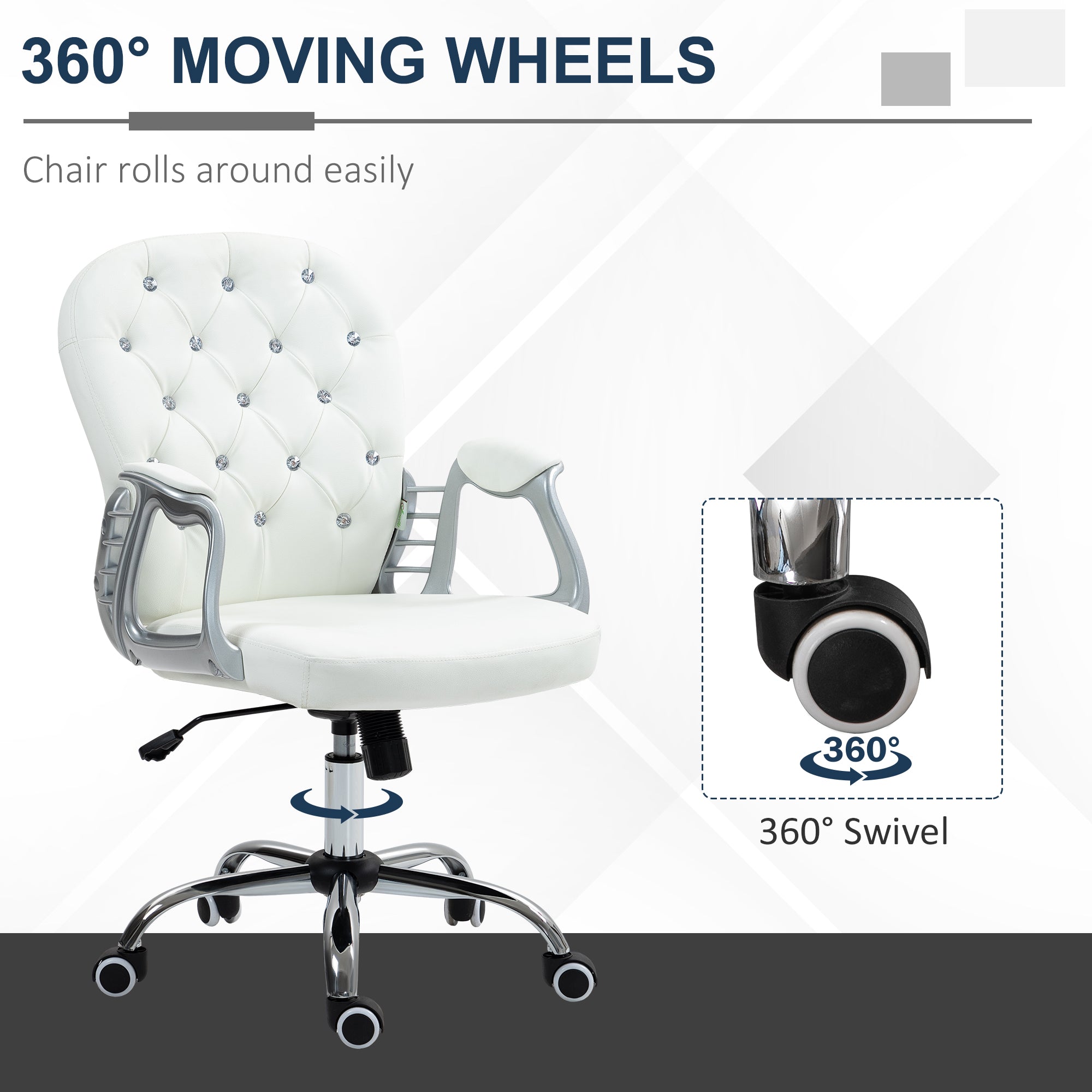Vinsetto Office Chair Ergonomic 360° Swivel PU Diamante Padded Base 5 Castor Wheels for Home Work White - North Peak Garden Furniture
