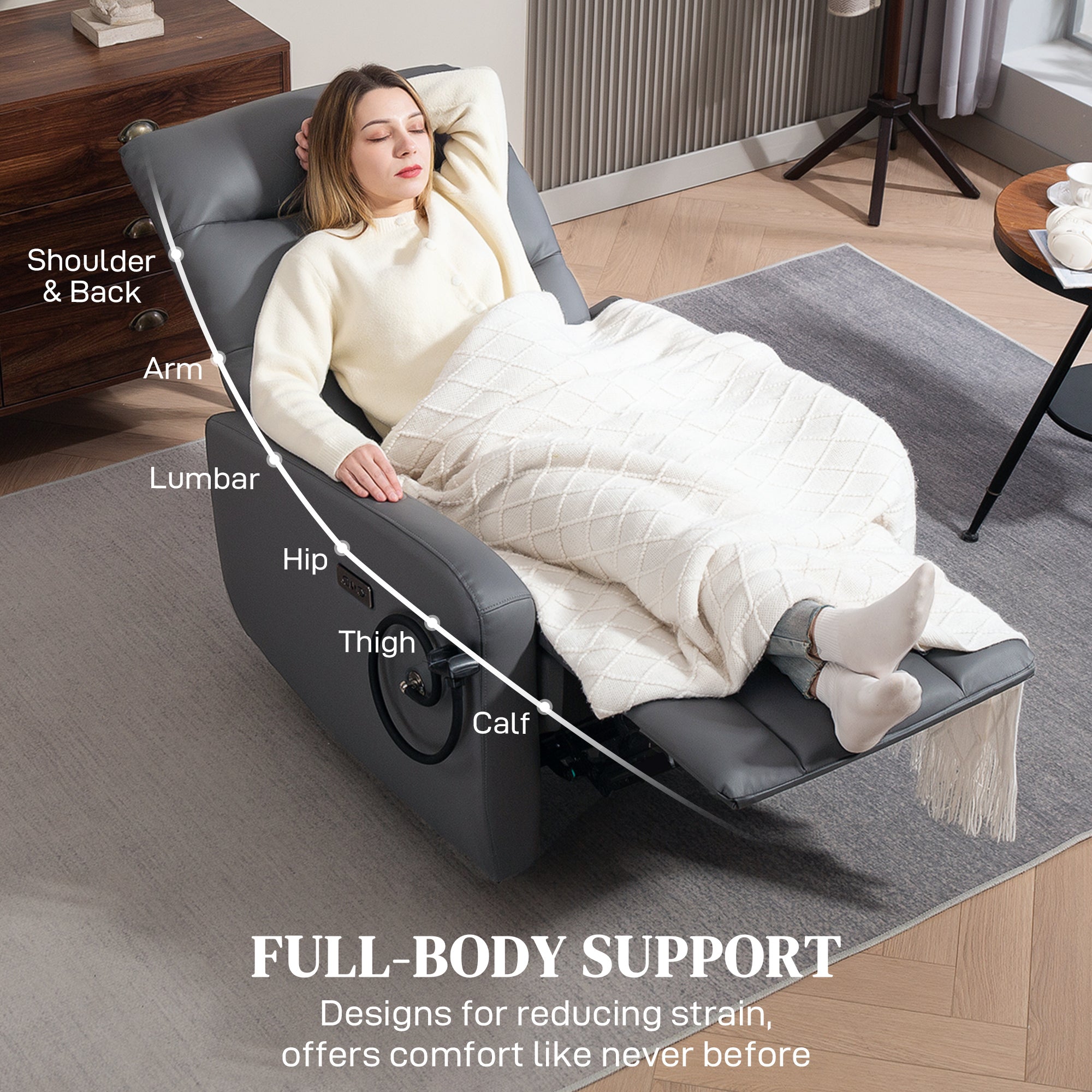 HOMCOM Electric Recliner Armchair with USB + Type C Charge Port, Phone Holder, PU Leather Reclining Chair with Adjustable Leg Rest, Recliner Chair for Home Living Room Theater, Grey - North Peak Garden Furniture