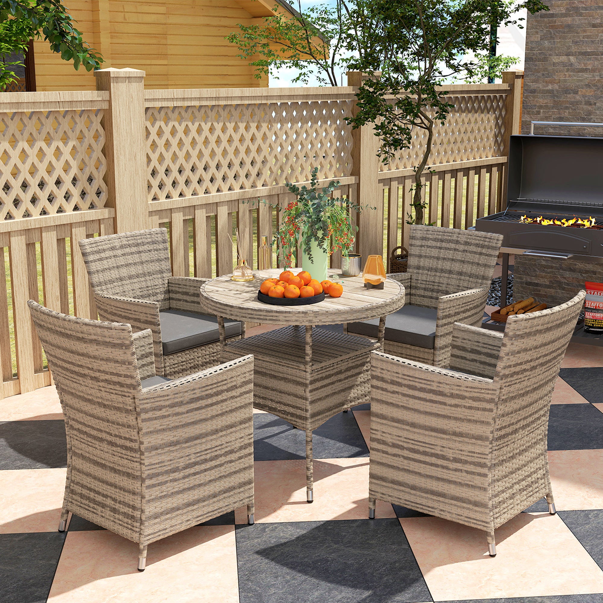 Outsunny Five-Piece Rattan Garden Set, with Two-Tier Table - Grey - North Peak Garden Furniture
