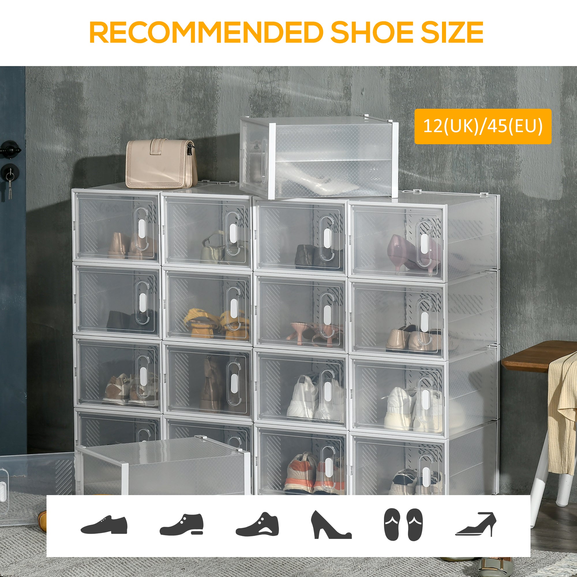 HOMCOM 18PCS Clear Shoe Box, Plastic Stackable Shoe Storage Box for UK/EU Size up to 12/46 with Magnetic Door for Women/Men, 28 x 36 x 21cm - North Peak Garden Furniture