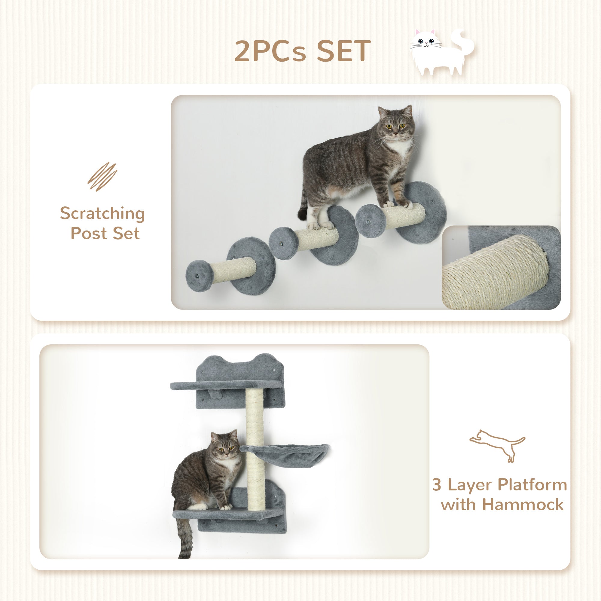 PawHut Wall-Mounted Cat Shelf Set, 4-Piece with Scratching Post, Space-Saving Design for Indoor Cats, Grey | Aosom UK