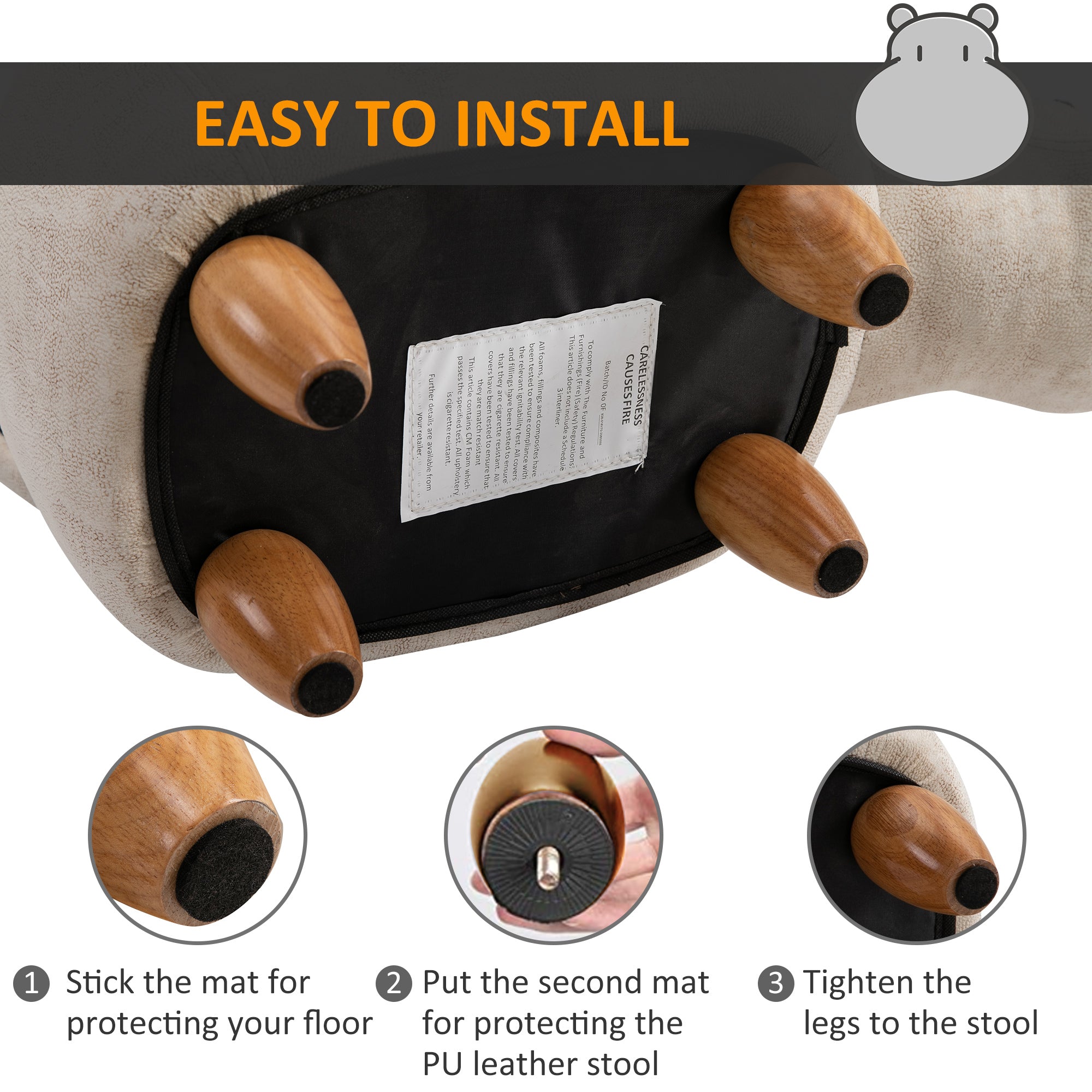 HOMCOM Hippo Storage Stool Cute Decoration Footrest Wood Frame Legs with Padding Lid Ottoman Animal Furniture Cream 36 x 65cm - North Peak Garden Furniture