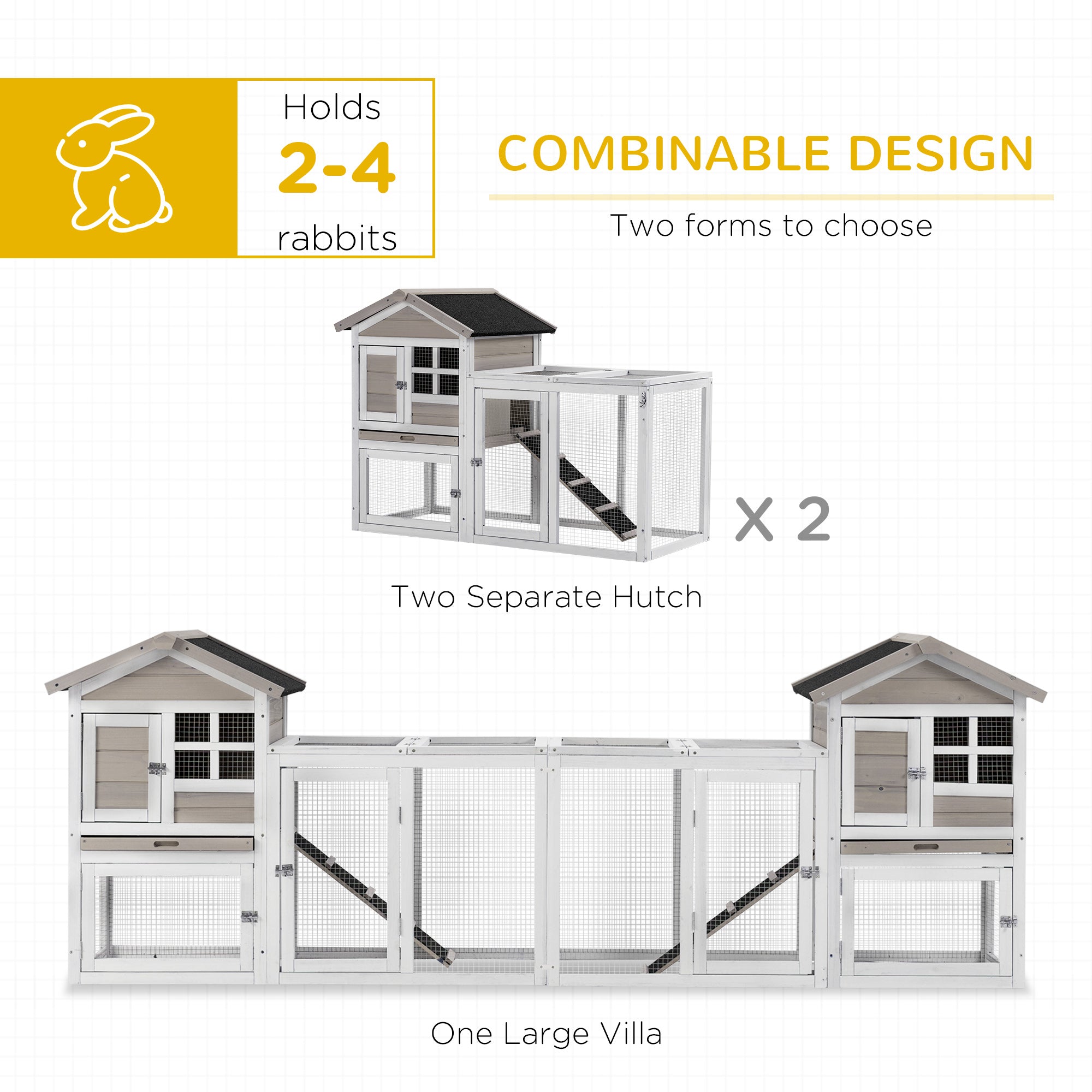 PawHut 2 in 1 Rabbit Hutch Outdoor Guinea Pig Hutch Bunny Run Double Main House with Run, No-Leak Tray 259 x 64 x 92cm, Grey - North Peak Garden Furniture