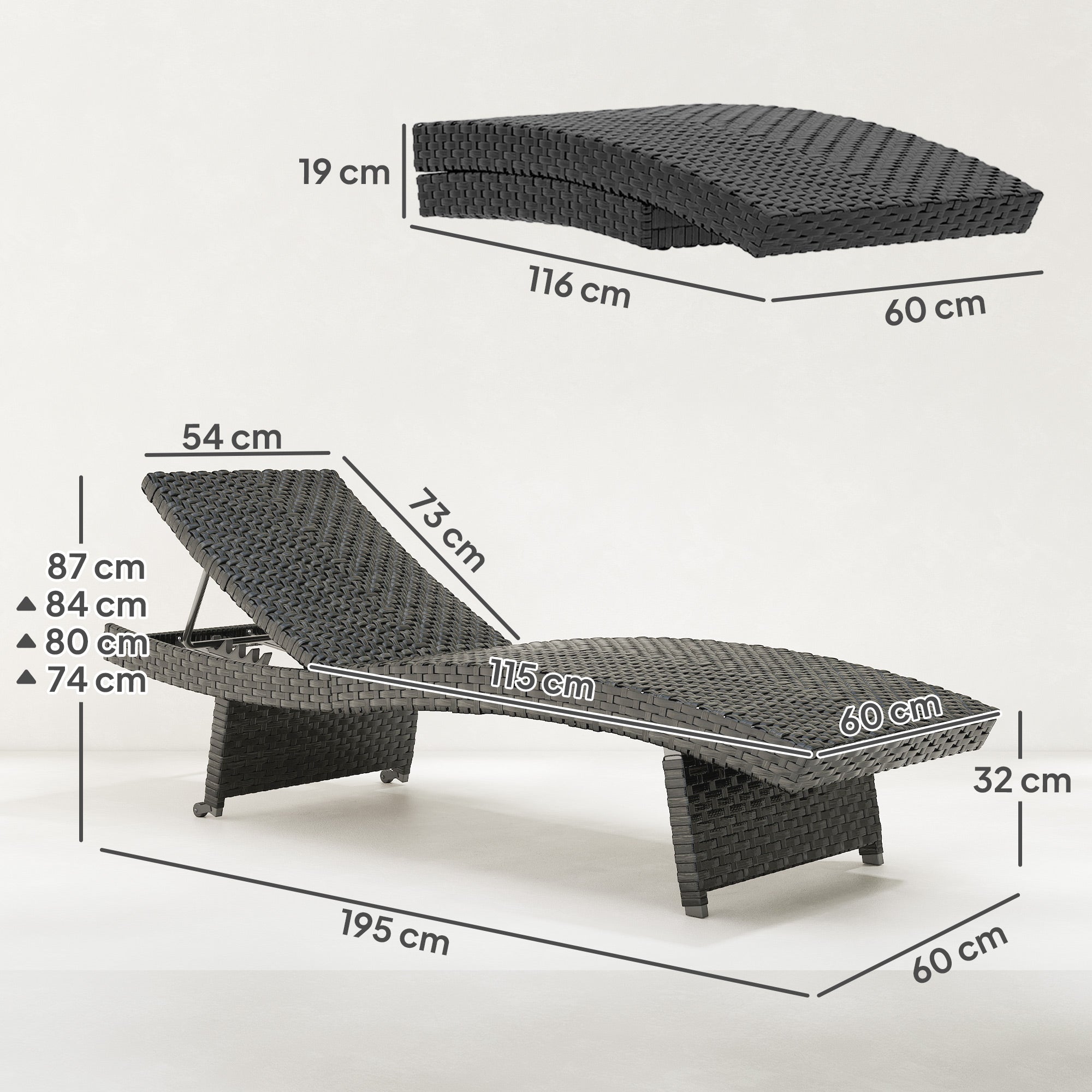 Outsunny Outdoor PE Rattan Sun Lounger, Folding Wicker Garden Lounger Recliner with 4-Level Adjustable Backrest, Rolling Sunbed Lounge Chair with Wheels, Non-Slip Legs for Balcony, Beach, Black - North Peak Garden Furniture