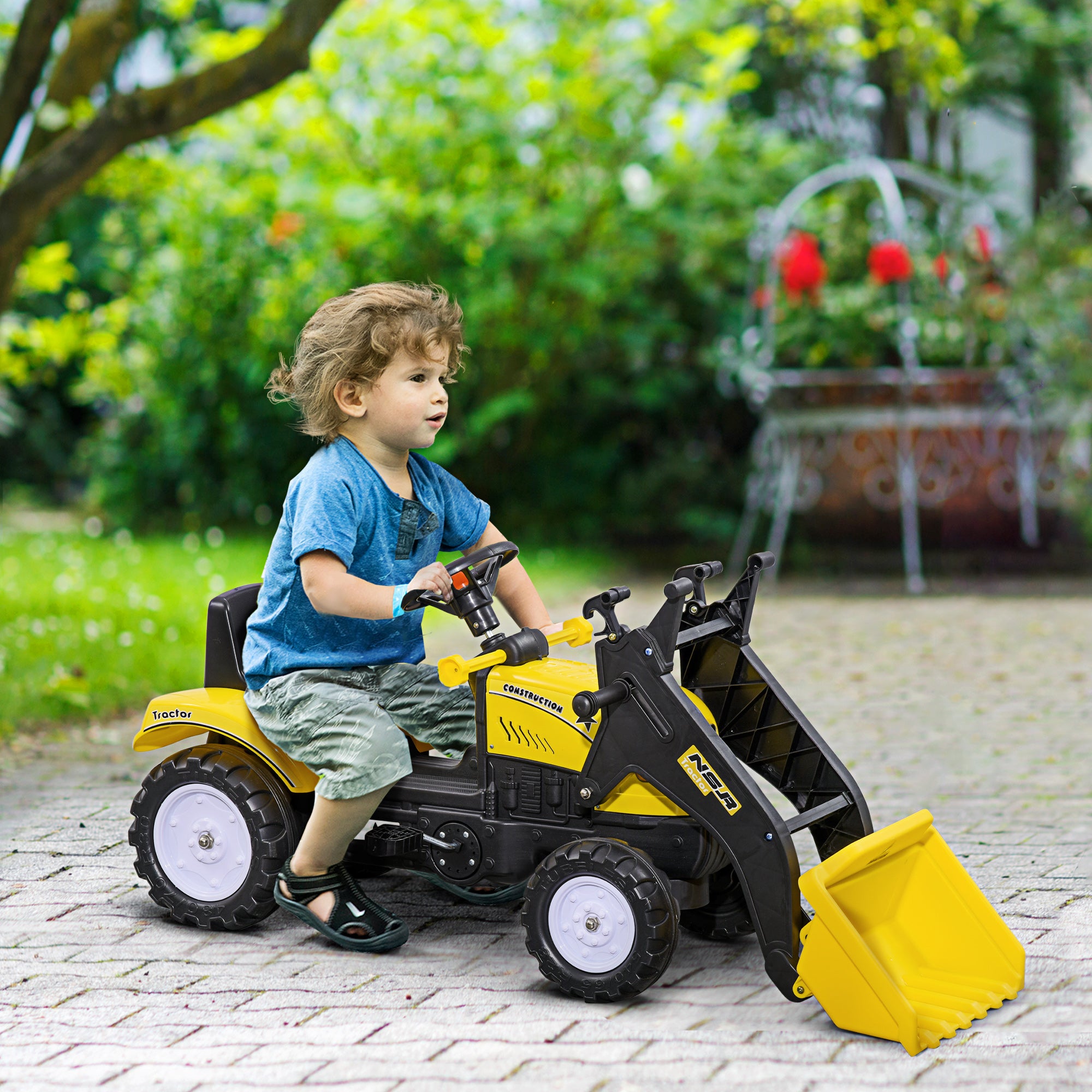 HOMCOM Pedal Go Kart Ride On Excavator W/ Front Loader Digger Four Wheels Child Toy, for 3 Years Old - North Peak Garden Furniture