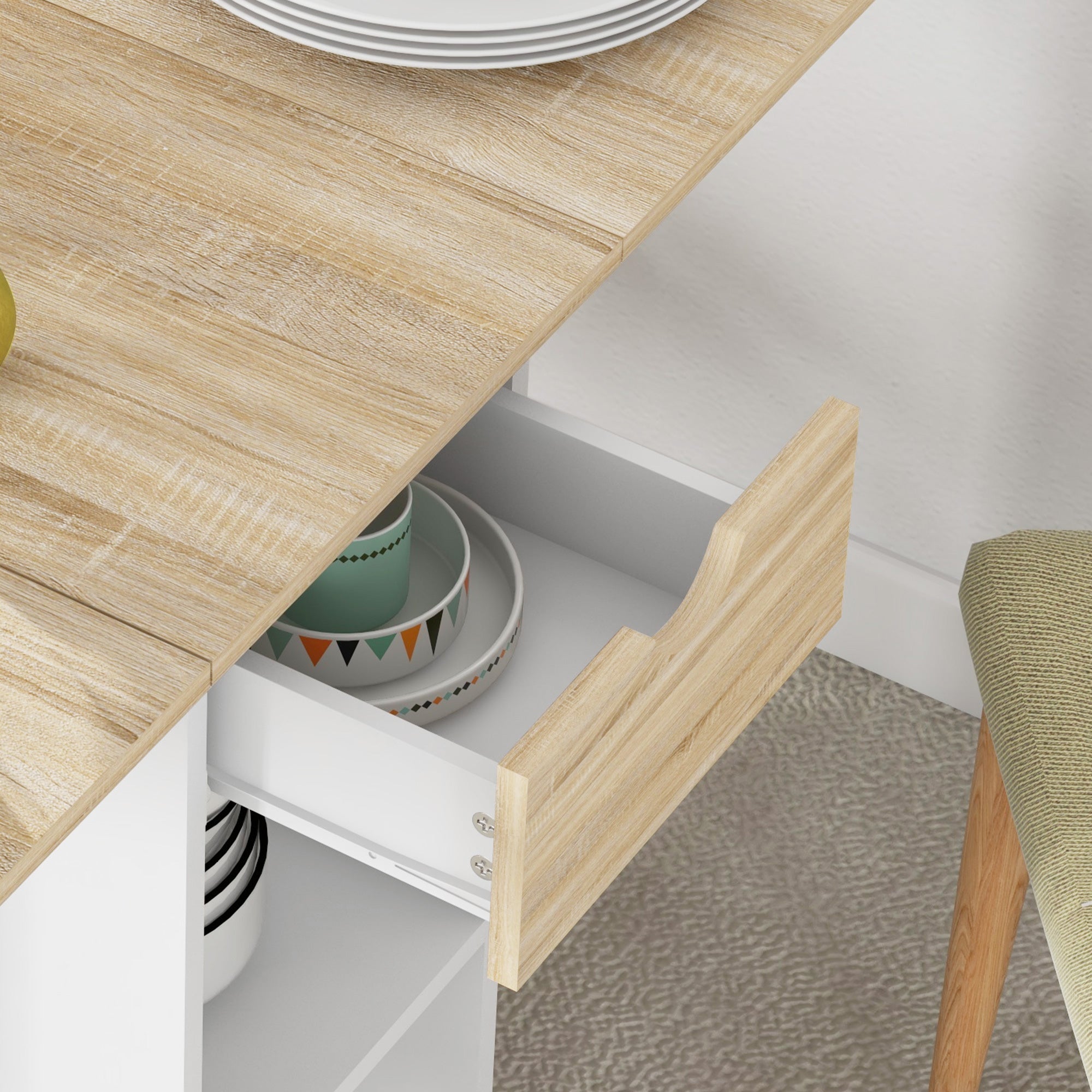 HOMCOM Folding Dining Table, Drop Leaf Table for Small Spaces, Foldable Table with Drawer and Storage Shelves for Kitchen, Dining Room, Oak - North Peak Garden Furniture