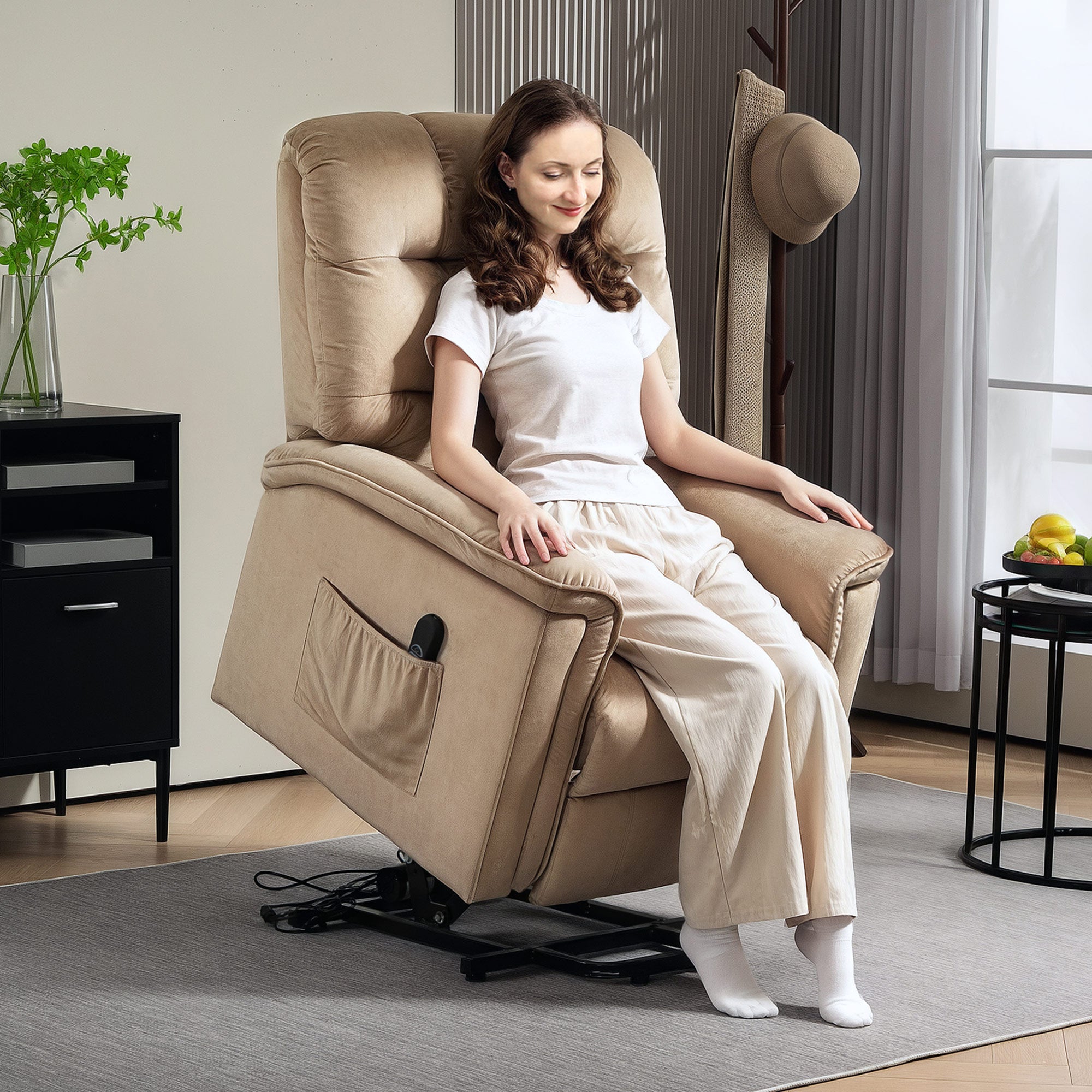 HOMCOM Velvet-Feel Electric Lift Recliner Chair - Brown - North Peak Garden Furniture