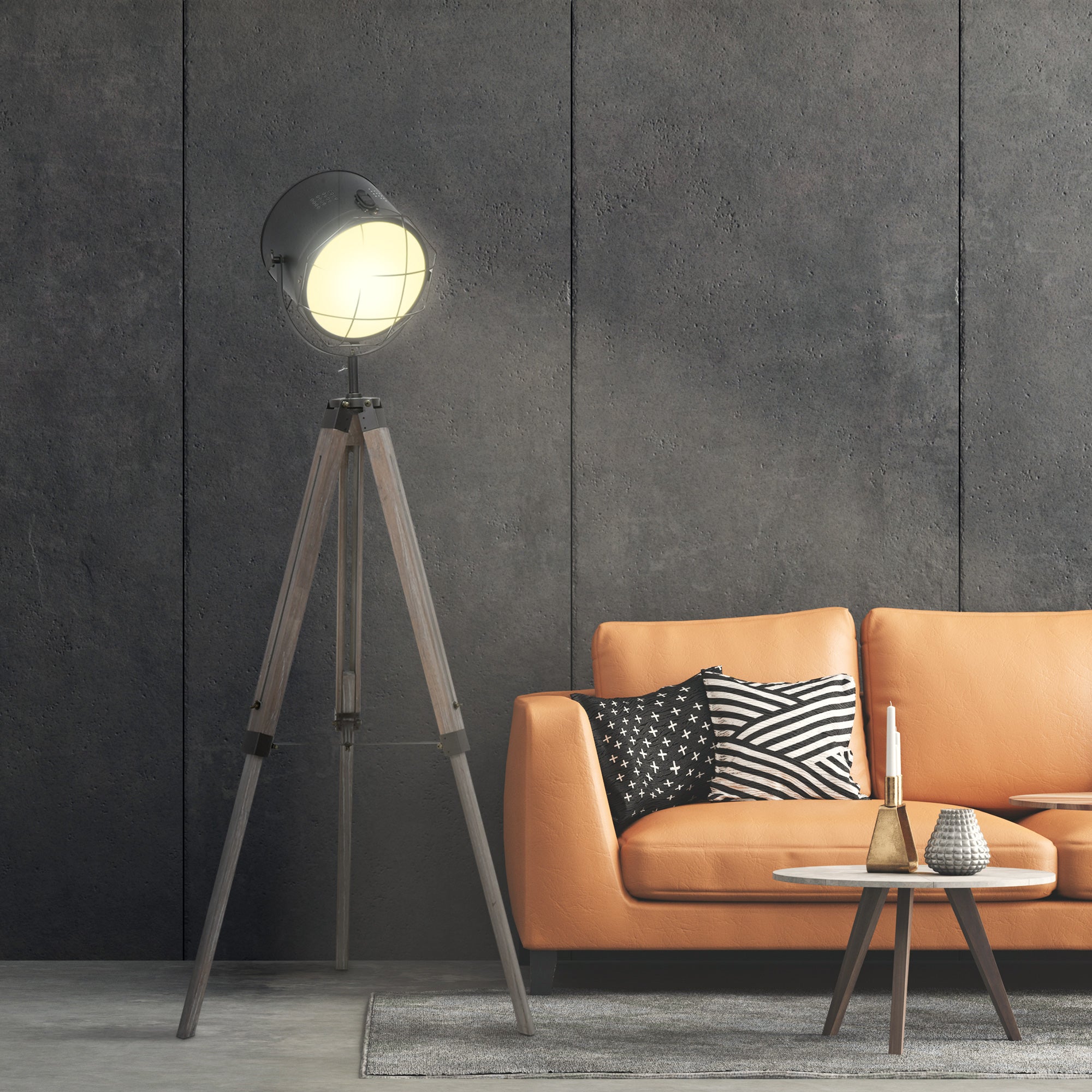 HOMCOM Industrial Style Adjustable Tripod Floor Lamp for Living Room Bedroom, Vintage Spotlight Reading Lamp with Wood Legs, 115-155cm, Grey - North Peak Garden Furniture
