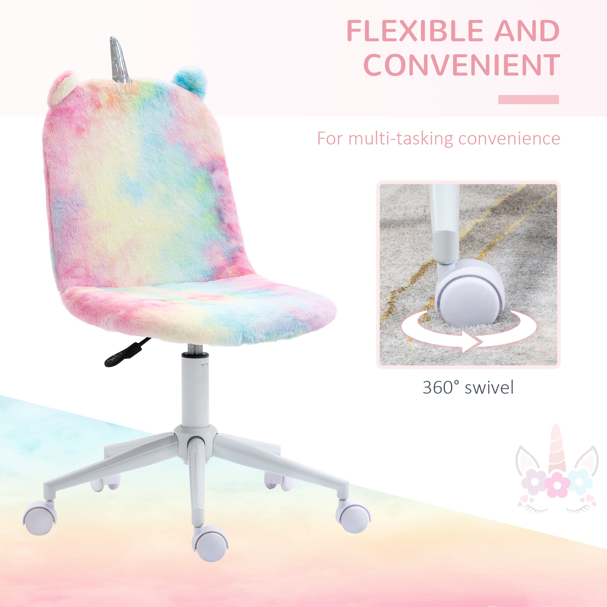 Vinsetto Fluffy Unicorn Office Chair with Mid-Back and Swivel Wheel, Cute Desk Chair, Rainbow Multi-Colored - North Peak Garden Furniture