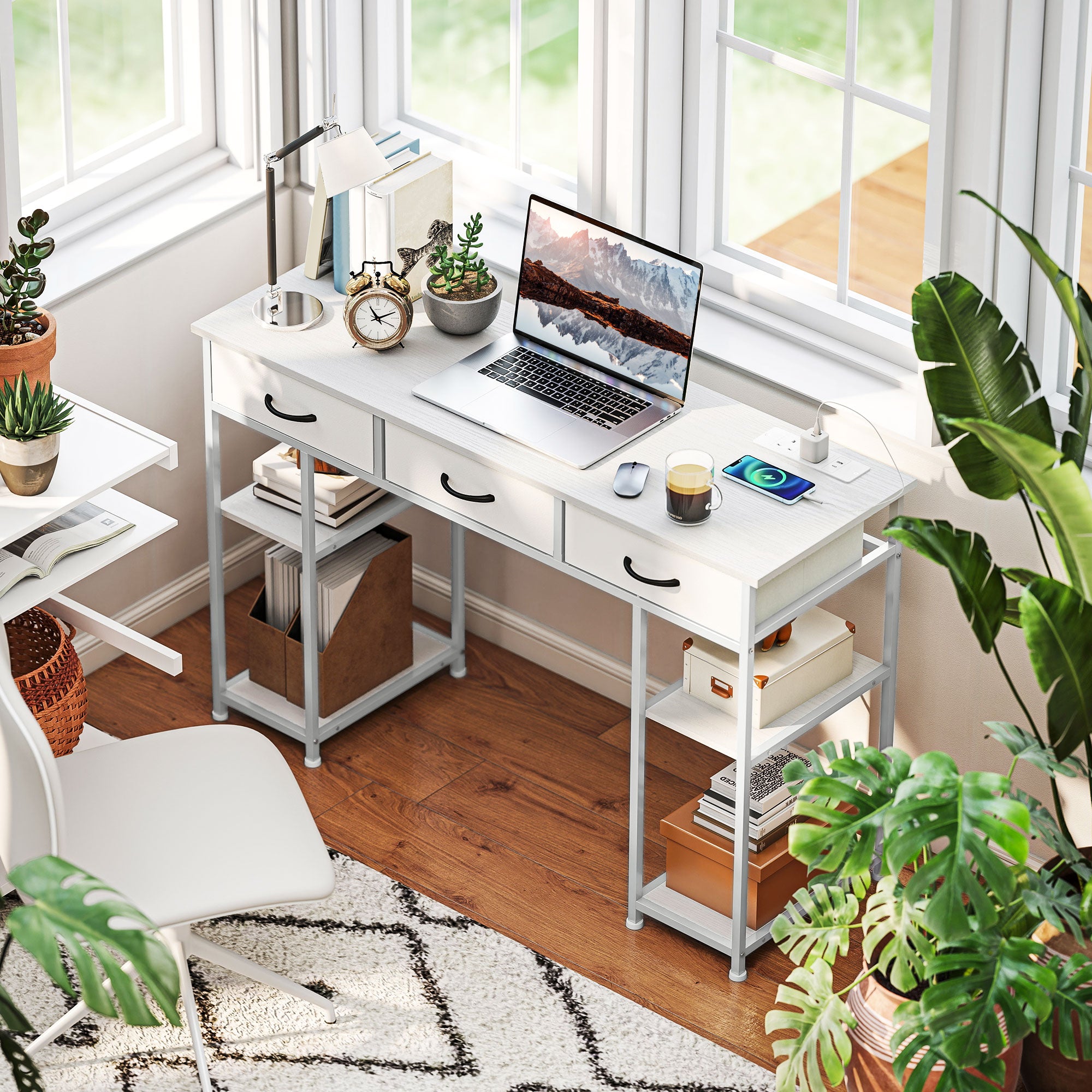 HOMCOM 120cm Computer Desk with Power Outlets, Office Desk Study Table with 3 Fabric Drawers and 4 Storage Shelves, White - North Peak Garden Furniture