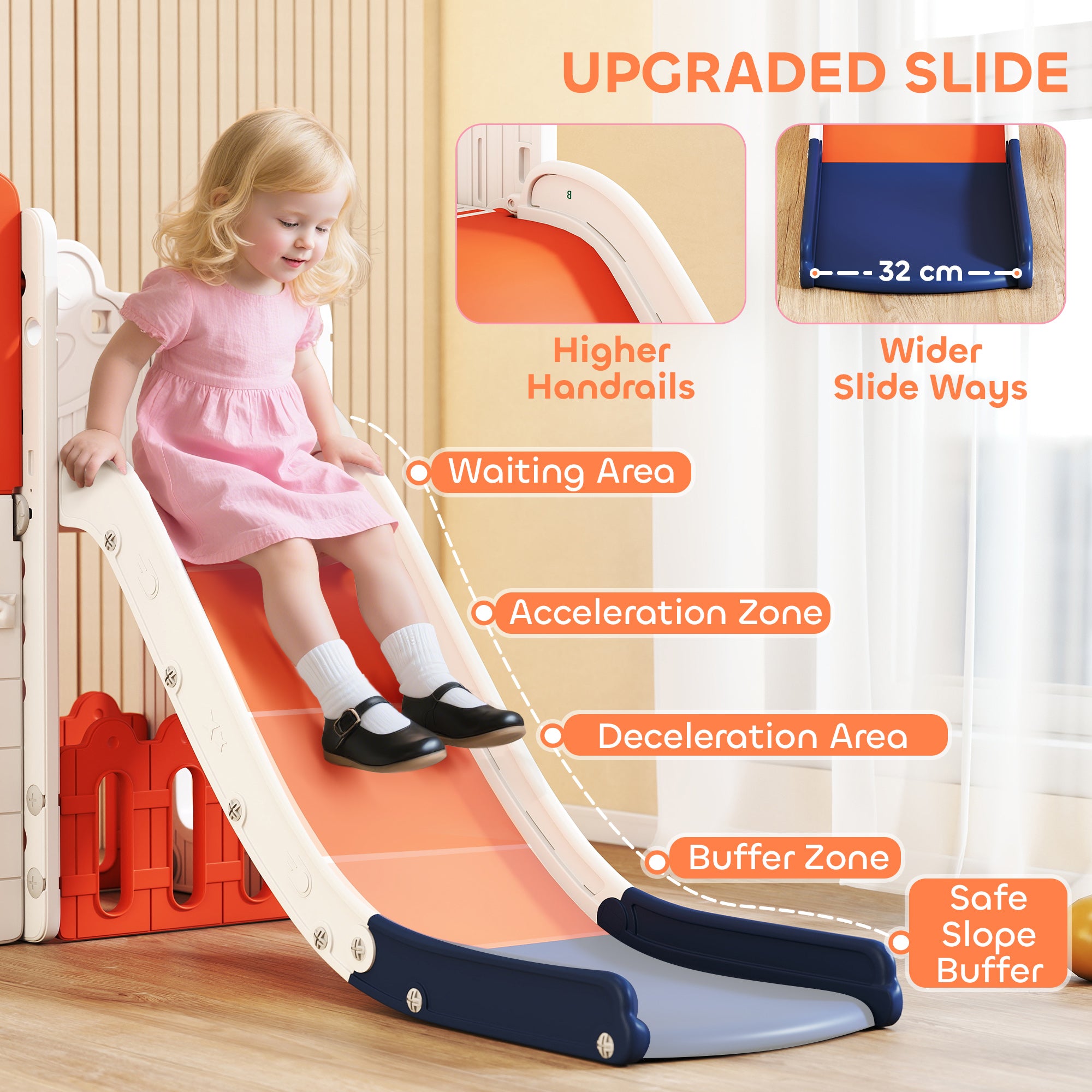 AIYAPLAY 7 in 1 Toddler Slide Set with Basketball Hoop, Climbing Frame, Telescope, Drawing Board, Storage Box, Orange