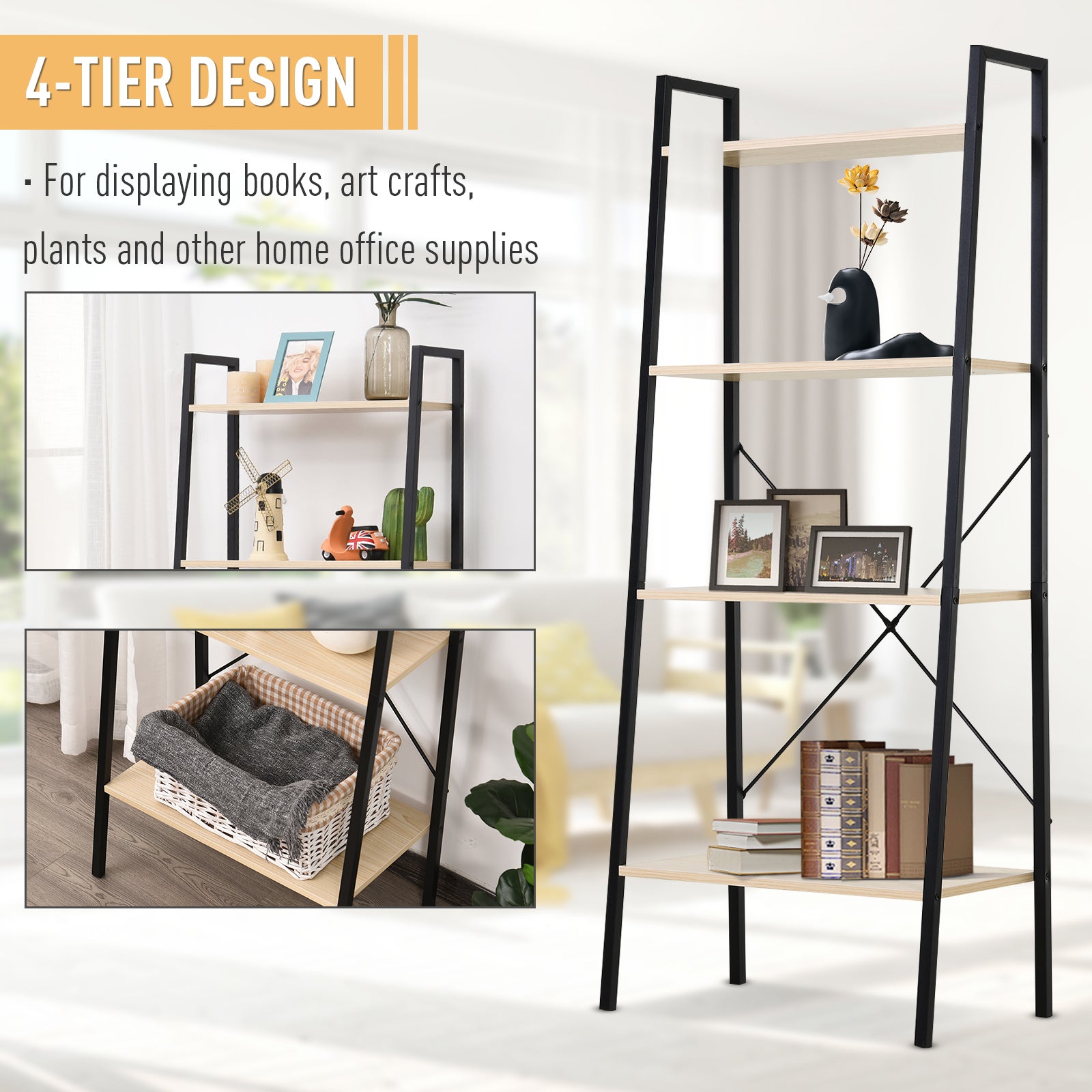 HOMCOM 4-Tier Vintage Ladder Shelf Bookcase Wood Storage Rack Stand Plants Display Black natural - North Peak Garden Furniture