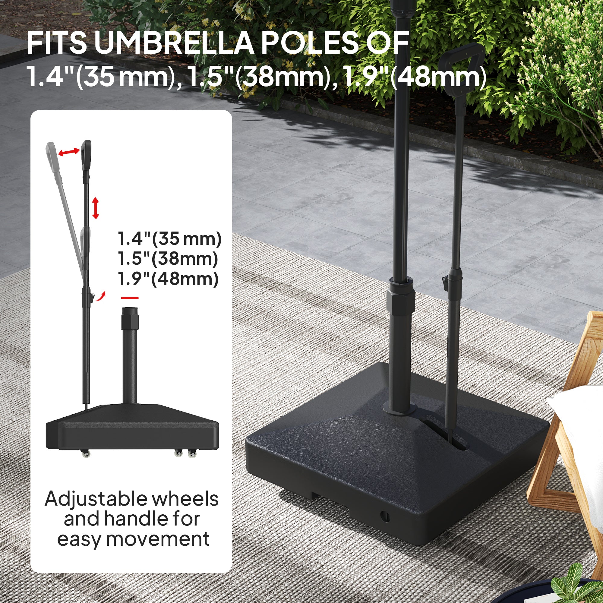 Outsunny Garden Parasol Base with Adjustable Wheels and Handle, Garden Sun Umbrella Base Parasol Stand, Filled Up to 55kg with Stand, 45kg with Water for 35, 38, 48 mm Poles, Black - North Peak Garden Furniture