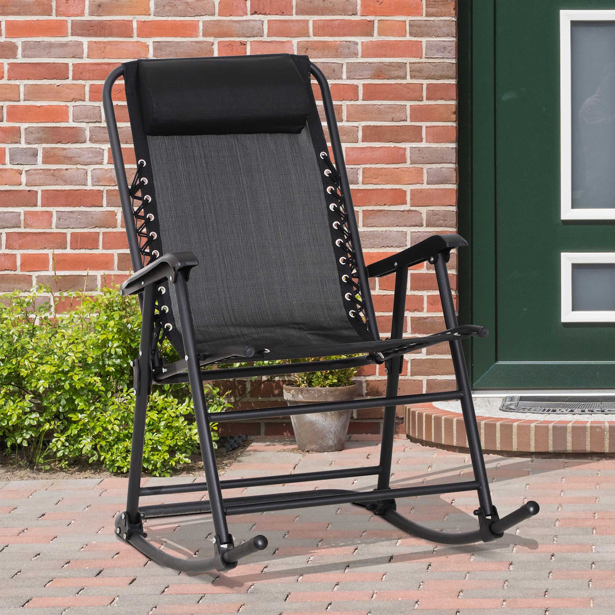 Outsunny Rocking Garden Chair, Foldable Outdoor Rocker with Adjustable Zero-Gravity Seat and Headrest, Ideal for Camping, Fishing, Patio, Black