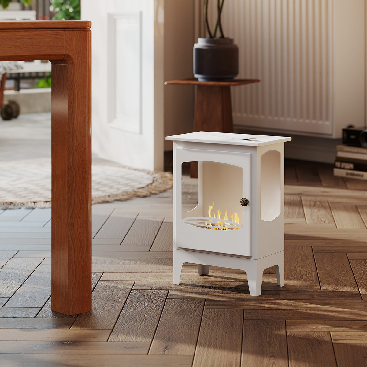 HOMCOM Freestanding Ethanol Fireplace, Steel Bioethanol Fireplace with Stainless Steel Flame Snuffer, 0.9L Tank, 3 Hours Burning Time for Indoor, White