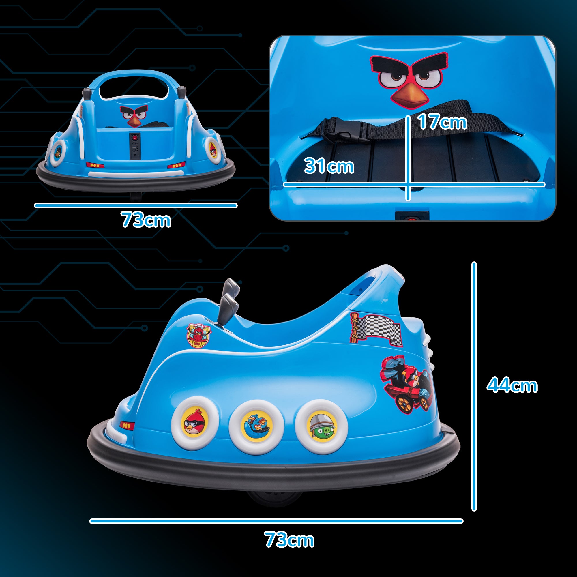 AIYAPLAY Angry Bird Licensed Waltzer Car, 12V Kids Bumper Car w/ Joysticks, Remote, Music LED Lights - Blue - North Peak Garden Furniture