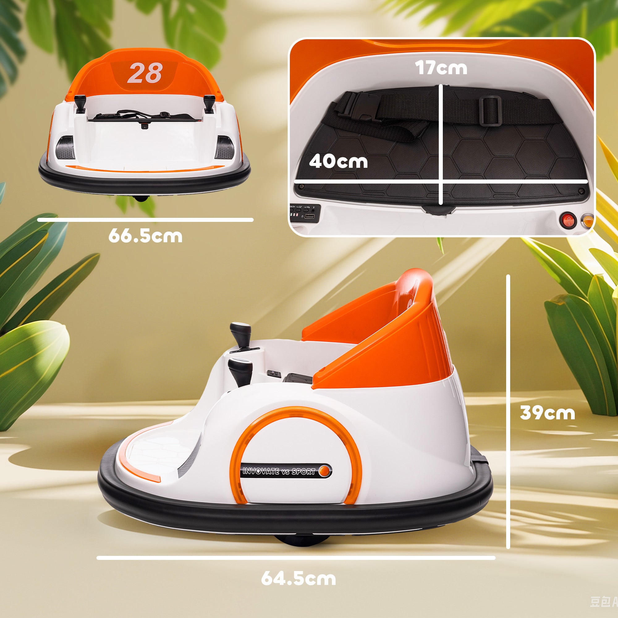 AIYAPLAY 360° Rotation Kids Bumper Car, 12V Waltzer Car with Remote Control, Dual Joysticks, Music Lights, Orange - North Peak Garden Furniture