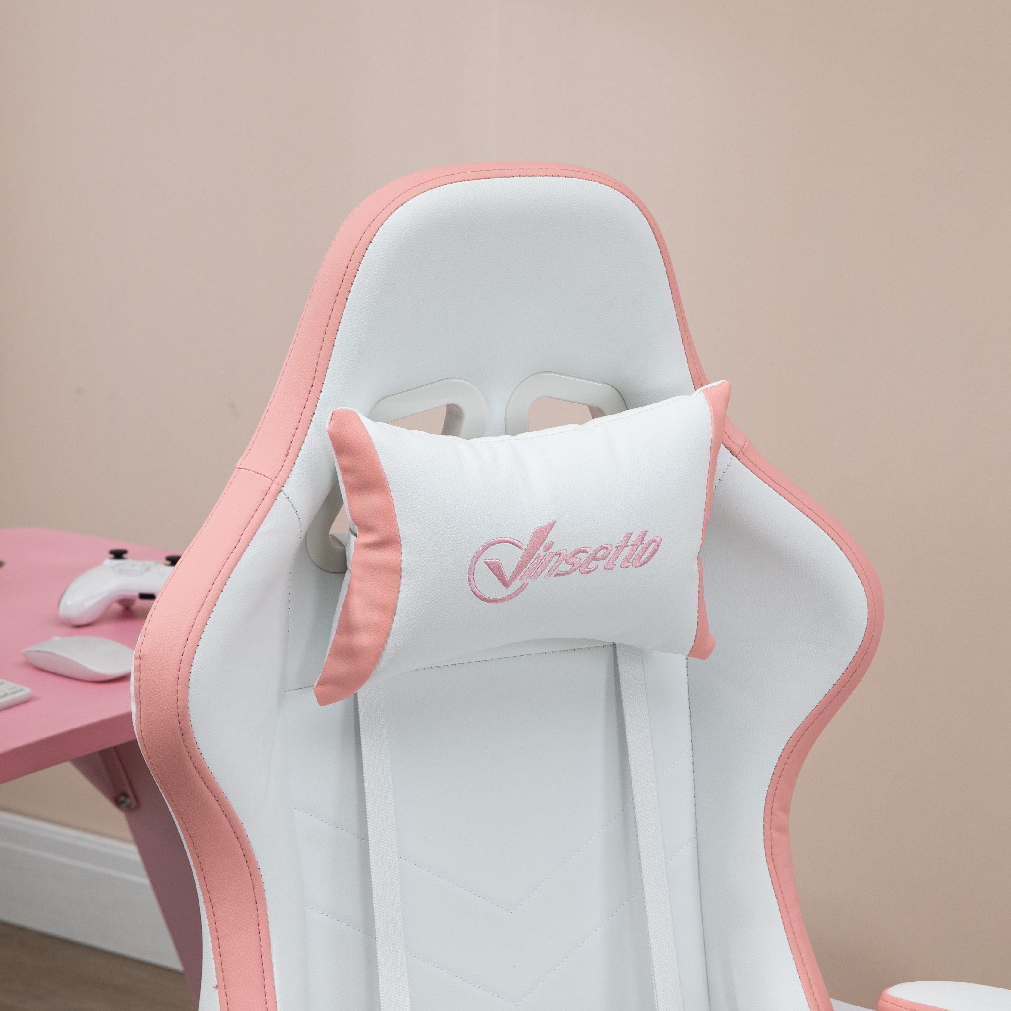 Vinsetto Computer Gaming Chair, PU Leather Desk Chair with Footrest, Swivel Task Chair with 135° Reclining Back and Lumbar Support, PC Chair for Adults, White and Pink