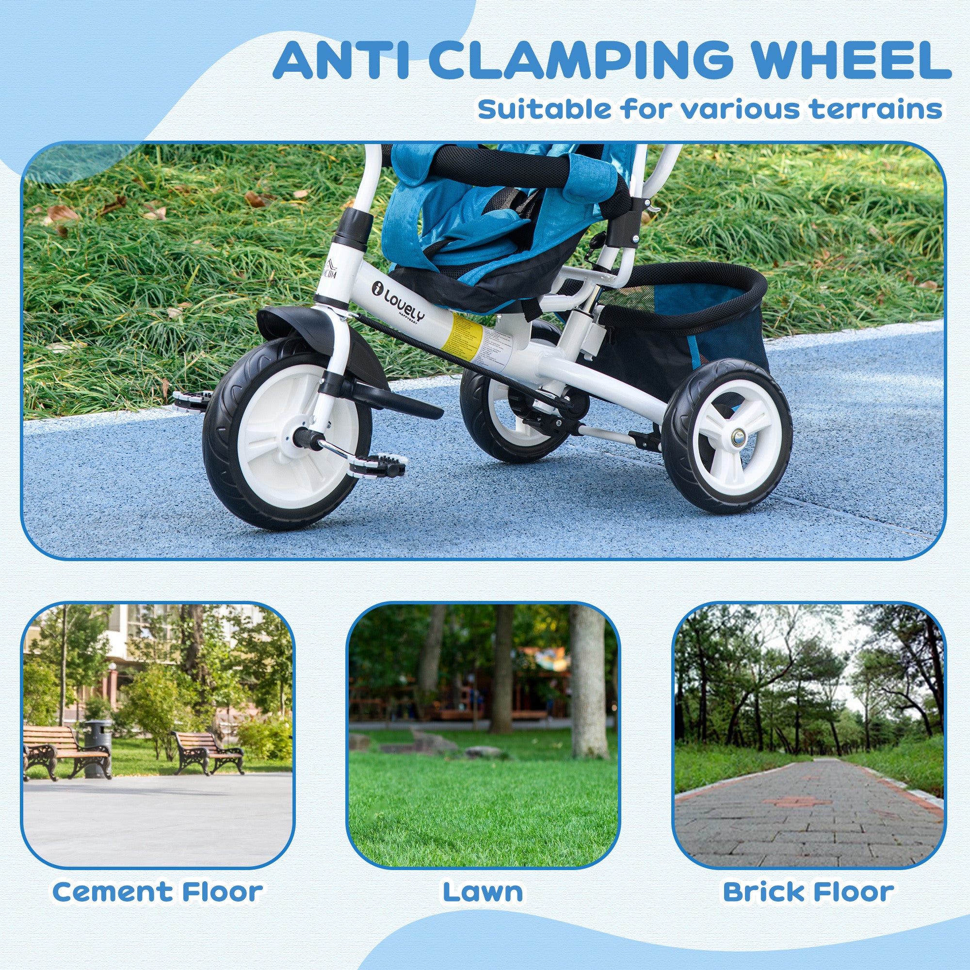 HOMCOM 6 in 1 Kids Trike Push Bike w/ Push Handle, Canopy, 5-point Safety Belt, Storage, Footrest, Brake, for 1-5 Years, Blue - North Peak Garden Furniture