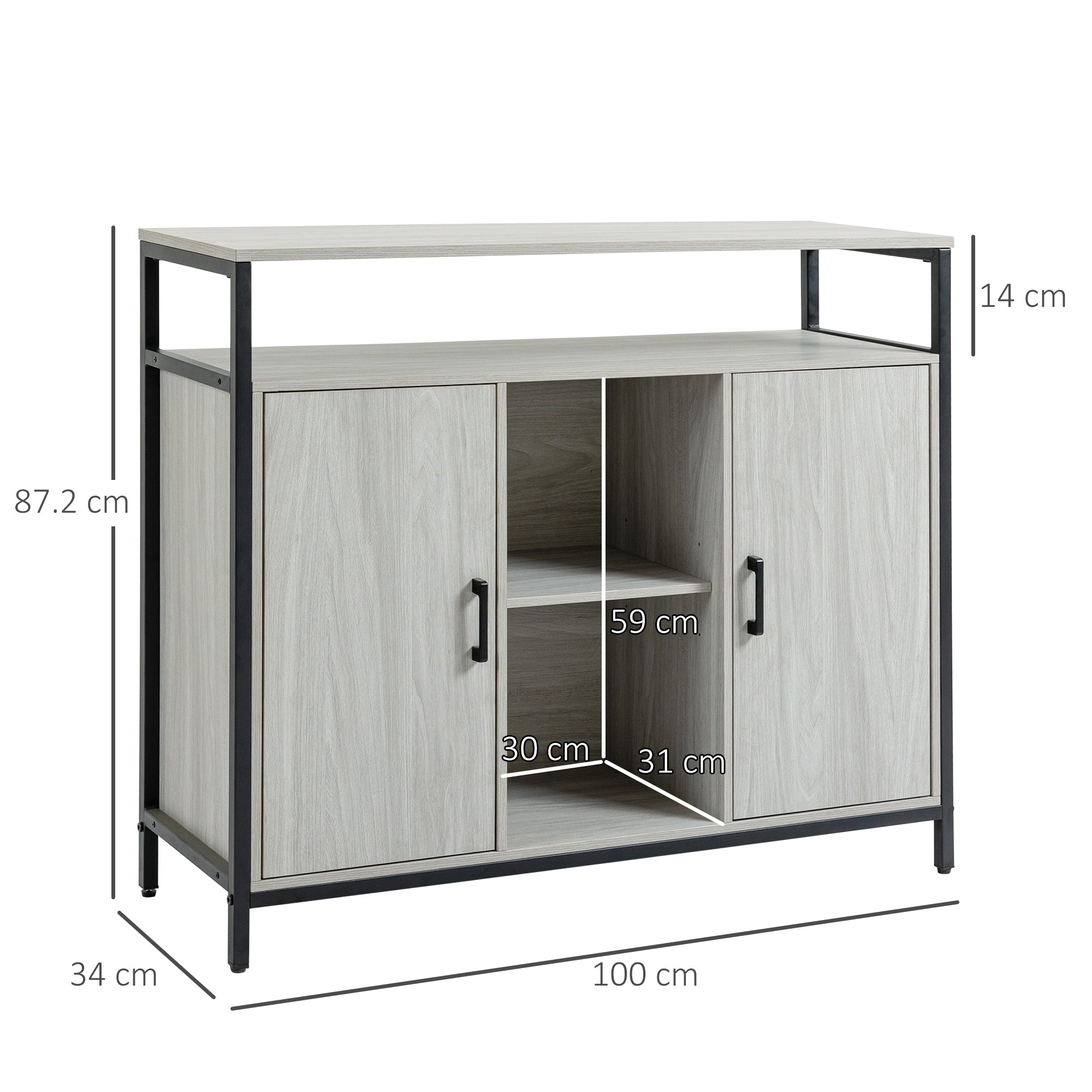 HOMCOM Modern Sideboard, Steel Frame Storage Cabinet with 2 Doors and Adjustable Shelves for Living Room, Hallway, Light Grey - North Peak Garden Furniture