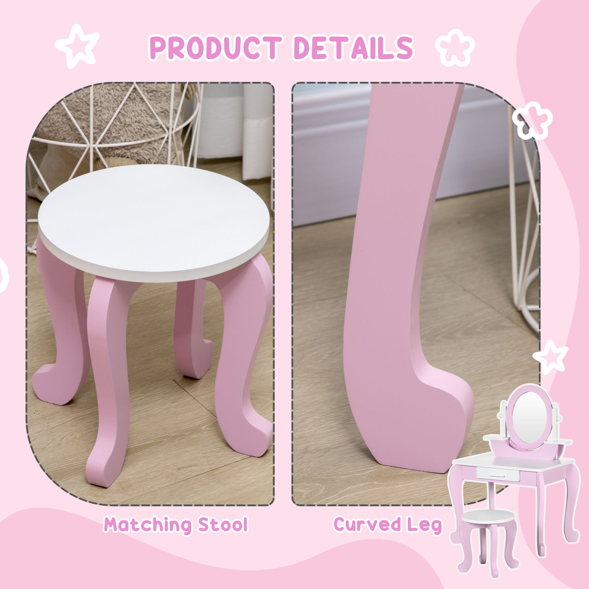 ZONEKIZ Kids Dressing Table Set, with Mirror, Stool, for Ages 3-6 Years - Pink - North Peak Garden Furniture