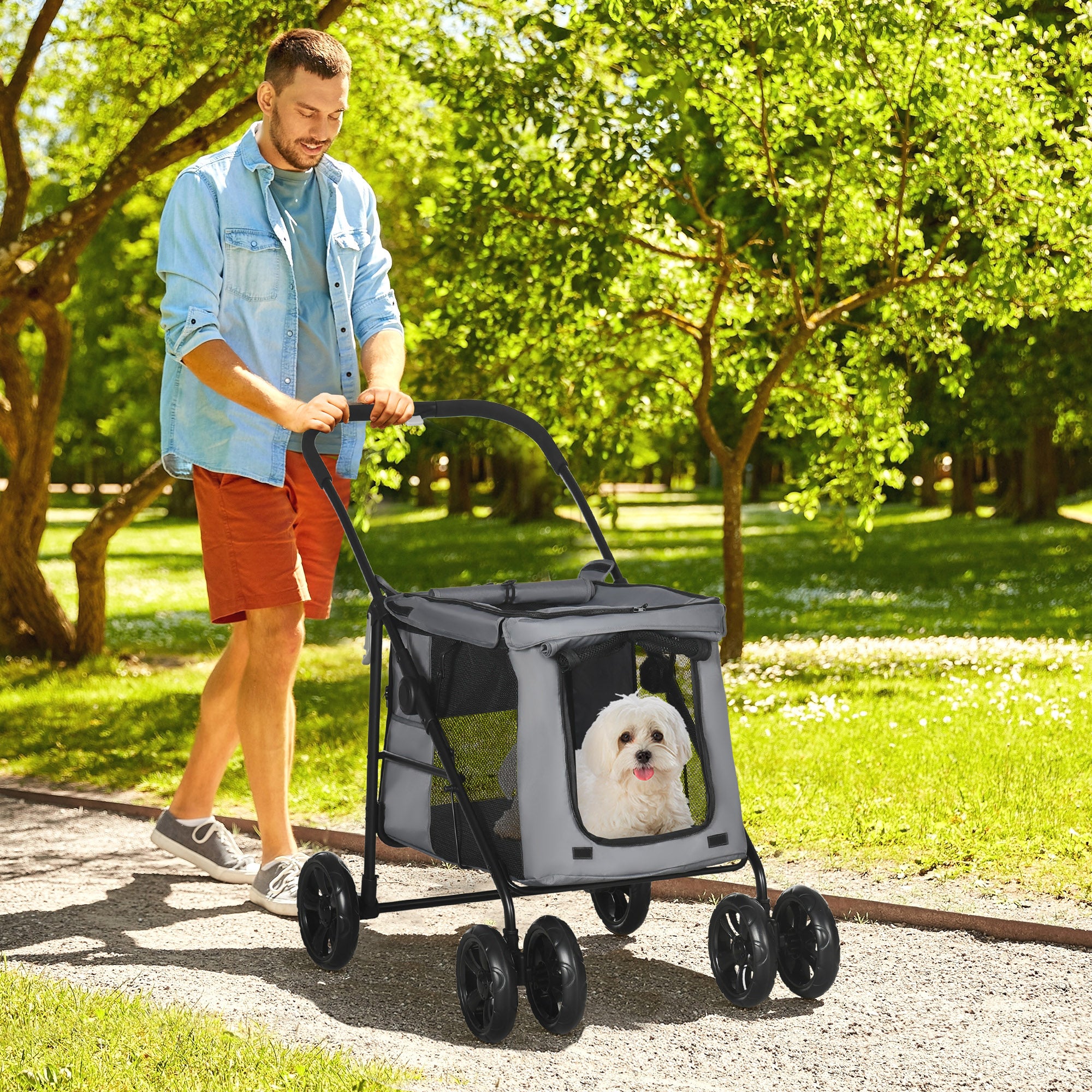 PawHut Dog Pram Dog Stroller 4 Wheels Pet Pushchair with Rolling Door, Cushion, Safety Leashes, for Small and Medium Dogs, Grey - North Peak Garden Furniture