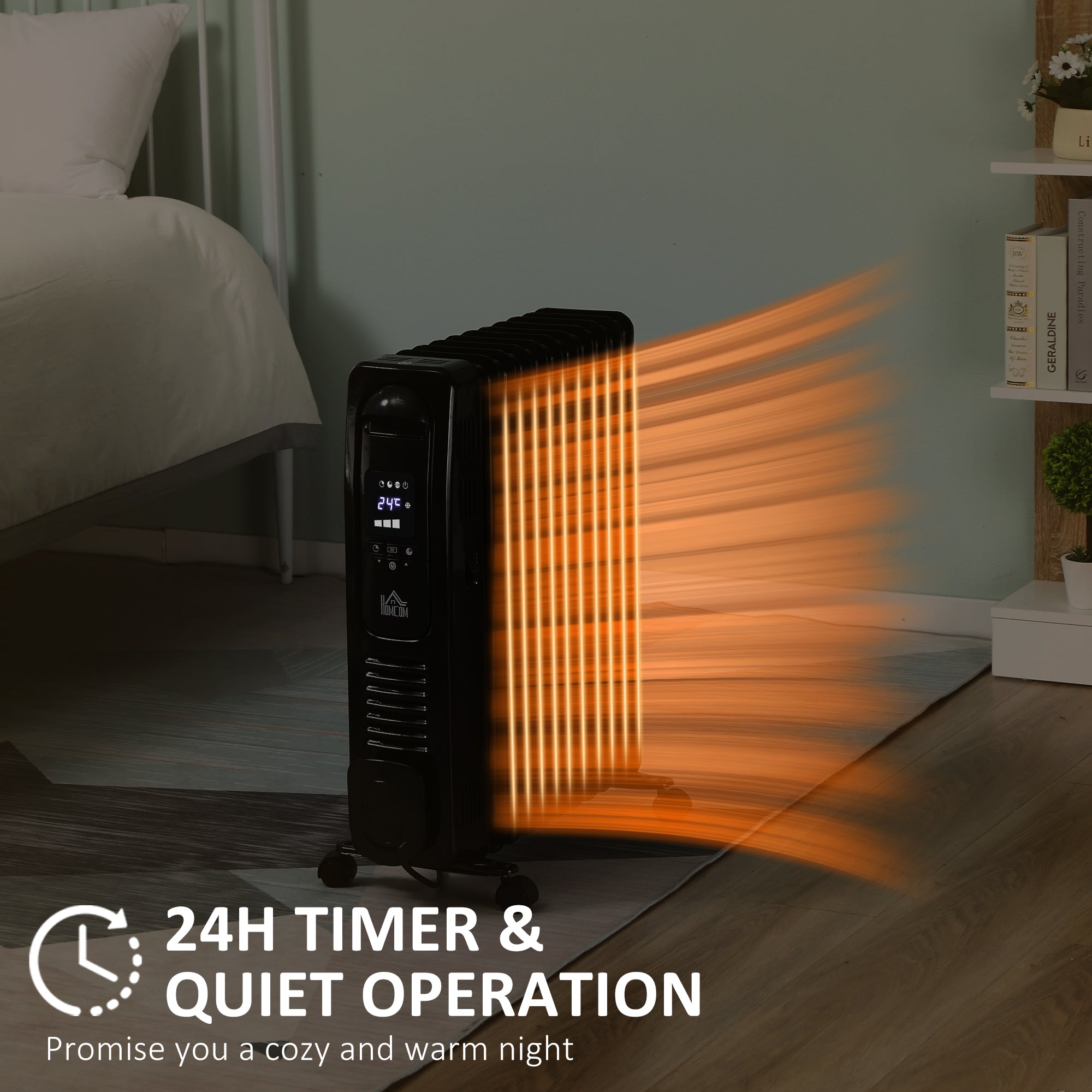 HOMCOM 2500W Digital Display Oil Filled Radiator, 11Fin Portable Electric Heater with Timer, Adjustable Thermostat, Three Heat settings, Safety Cut Off, Remote, Black - North Peak Garden Furniture