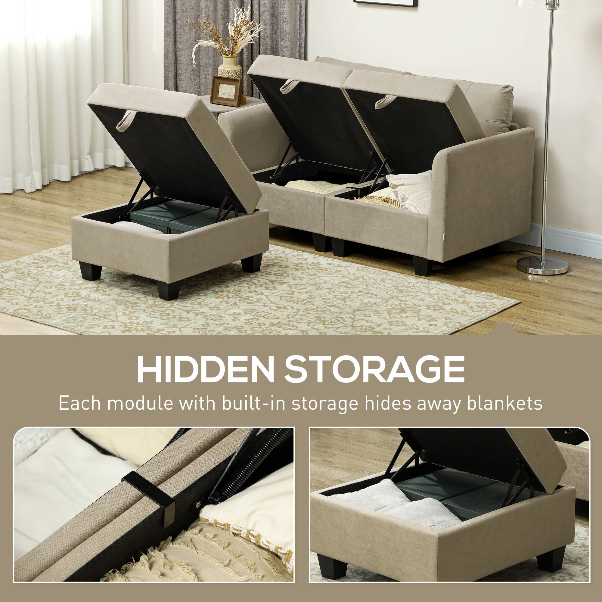HOMCOM 'L' Shape Modular Storage Sofa - Light Brown - North Peak Garden Furniture