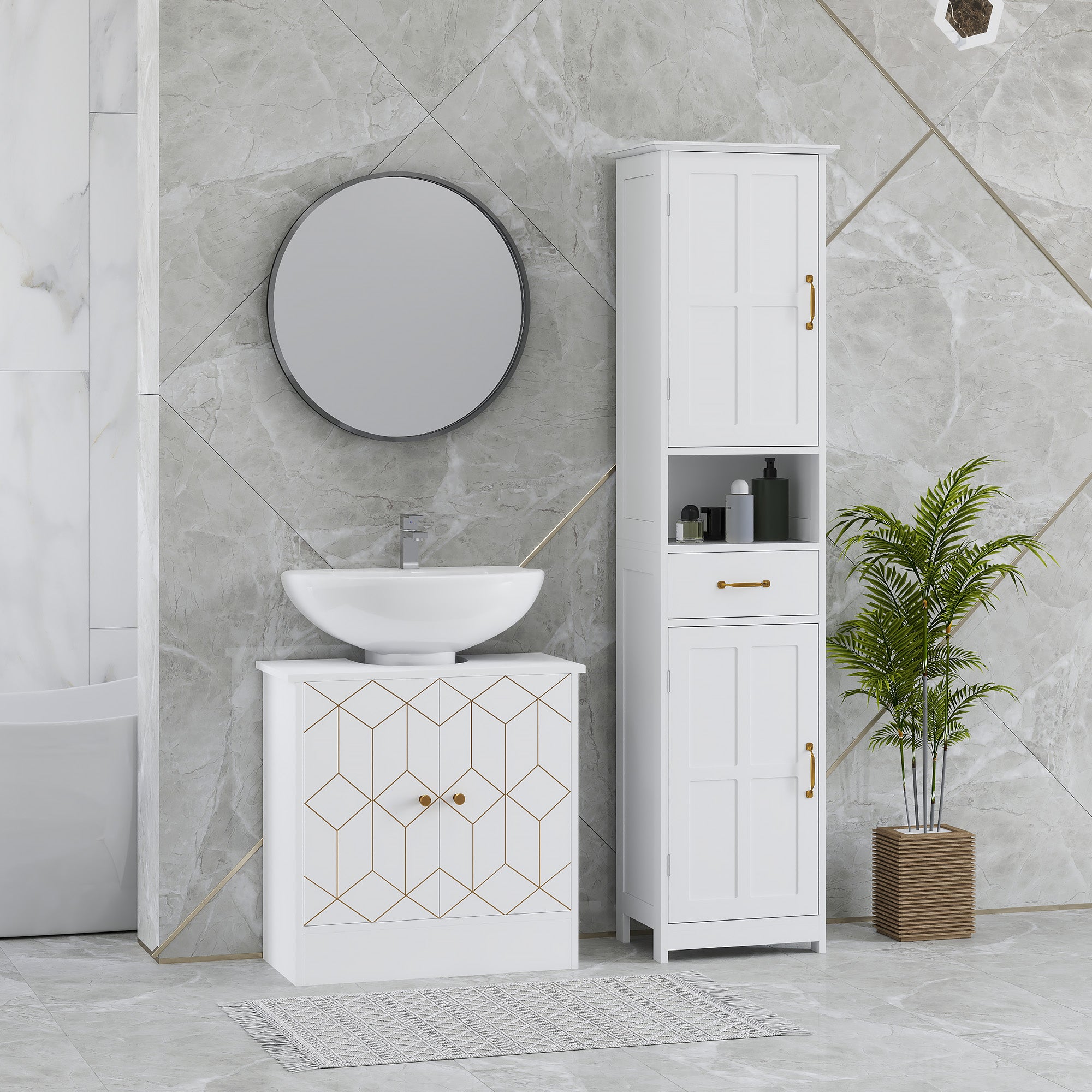 HOMCOM Under Sink Bathroom Cabinet, Under Sink Cabinet with Adjustable Shelf and Open Compartment for Basin with or without Pedestal, 60 x 30 x 60cm, White - North Peak Garden Furniture