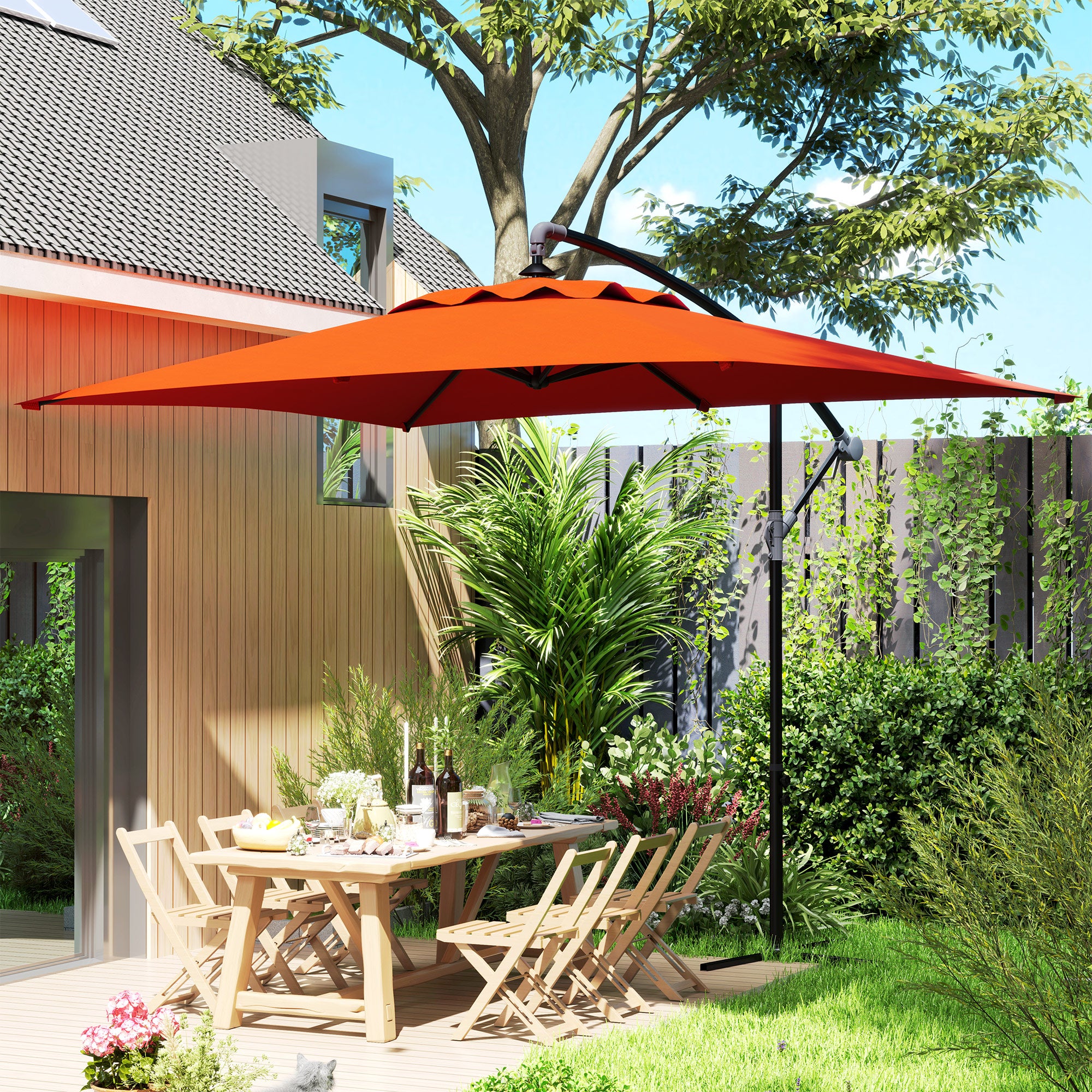 Outsunny 3(m) Cantilever Overhanging Parasol, with Cross Base - Orange - North Peak Garden Furniture